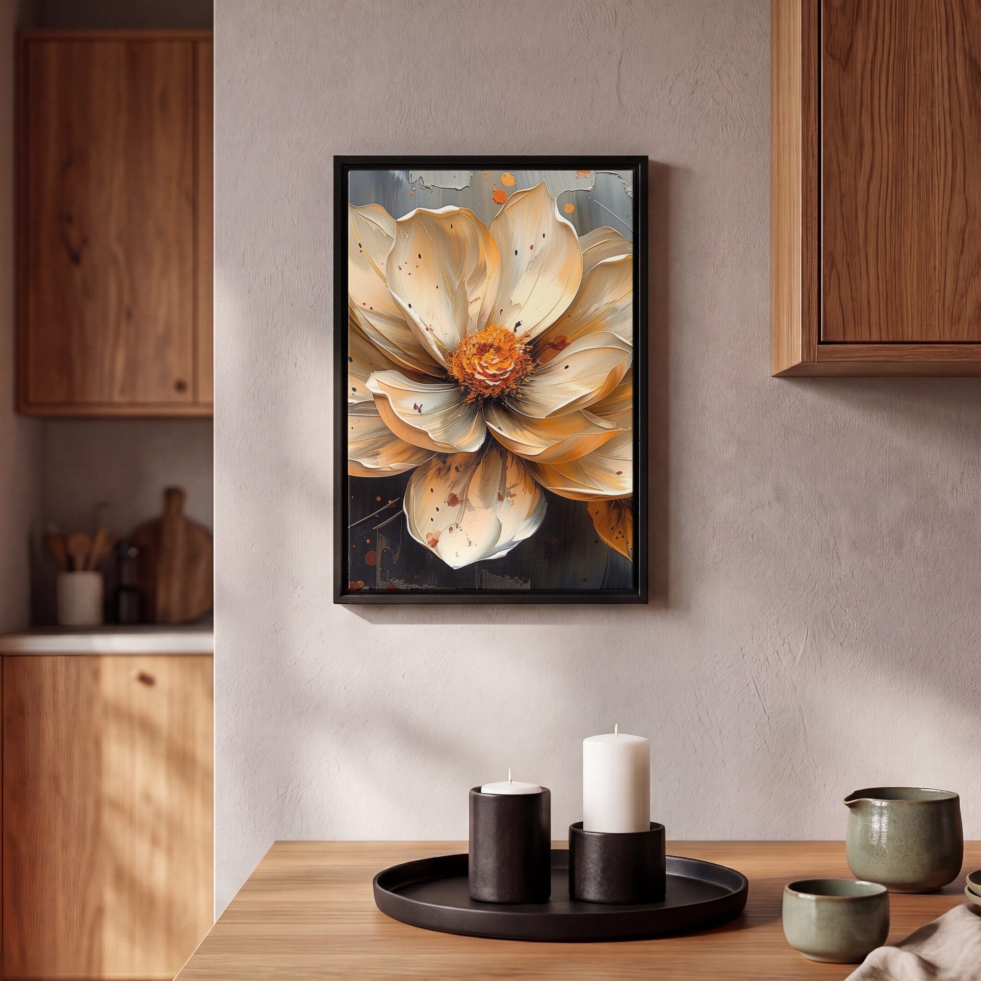 OneMillionCanvasses® Leinwandbild mit Rahmen - Blumen - Gold - Kunst - Schwarz - Modern, Fotodruck (1 St), Deko für Wohnzimmer Schlafzimmer Küche 20x30cm