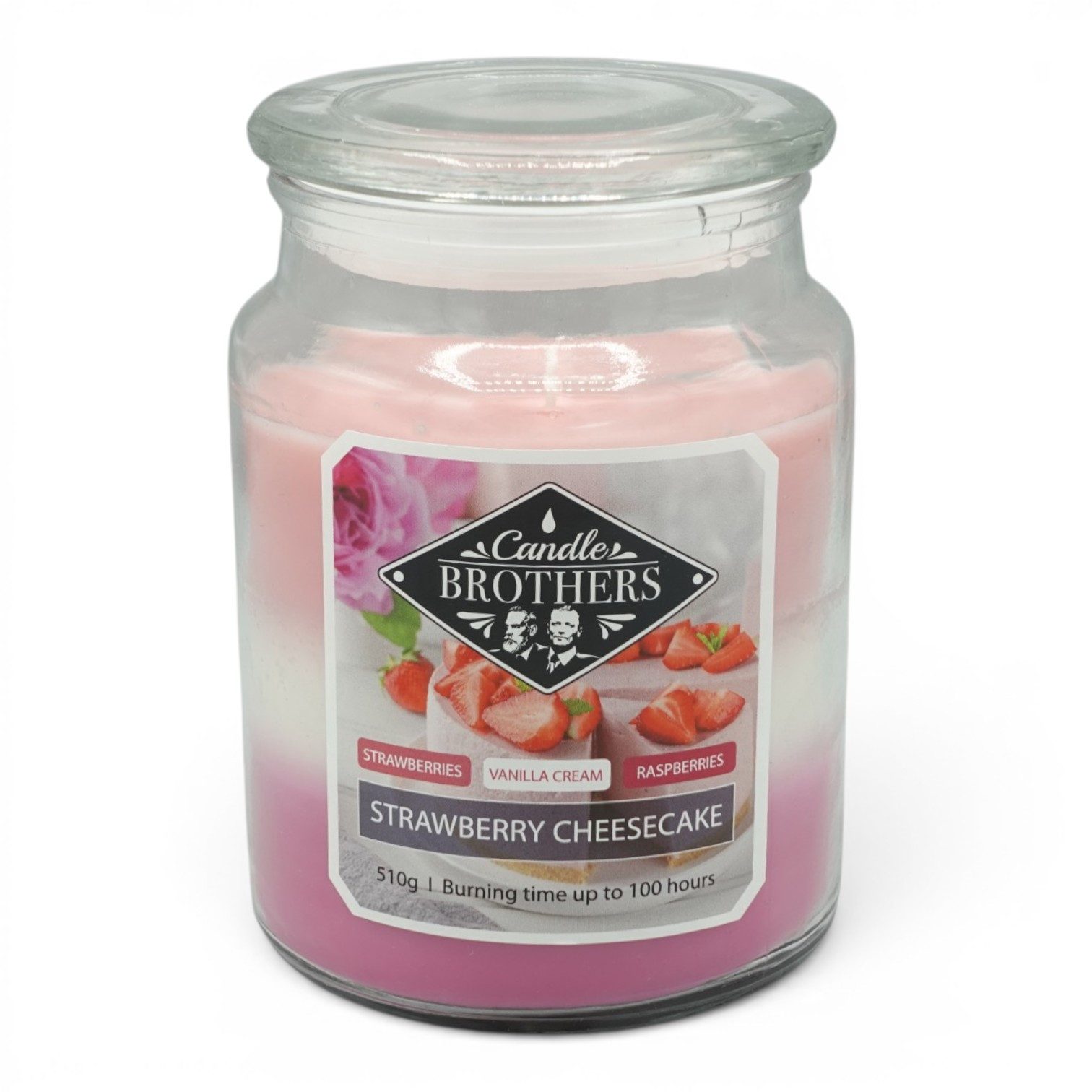 Candle BROTHERS Duftkerze Duftkerze Strawberry Cheesecake im Glas – 510 g, Erdbeere, Vanille & (Einzeln, 1-tlg., Einzeln), lange Brenndauer, intensiver Duft