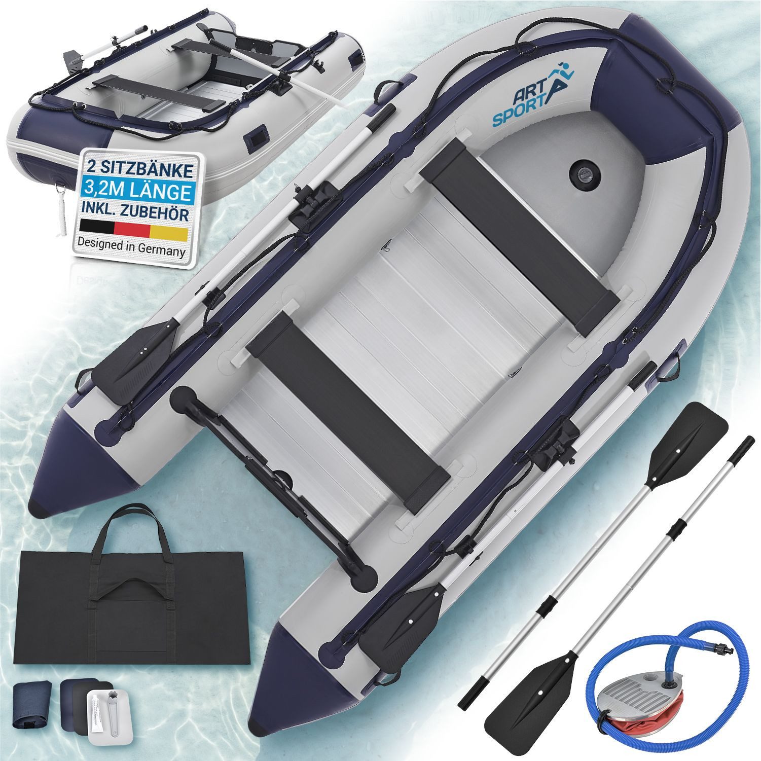 ArtSport Schlauchboot, bis 4 Personen - inkl. Luftpumpe, Paddel und mehr