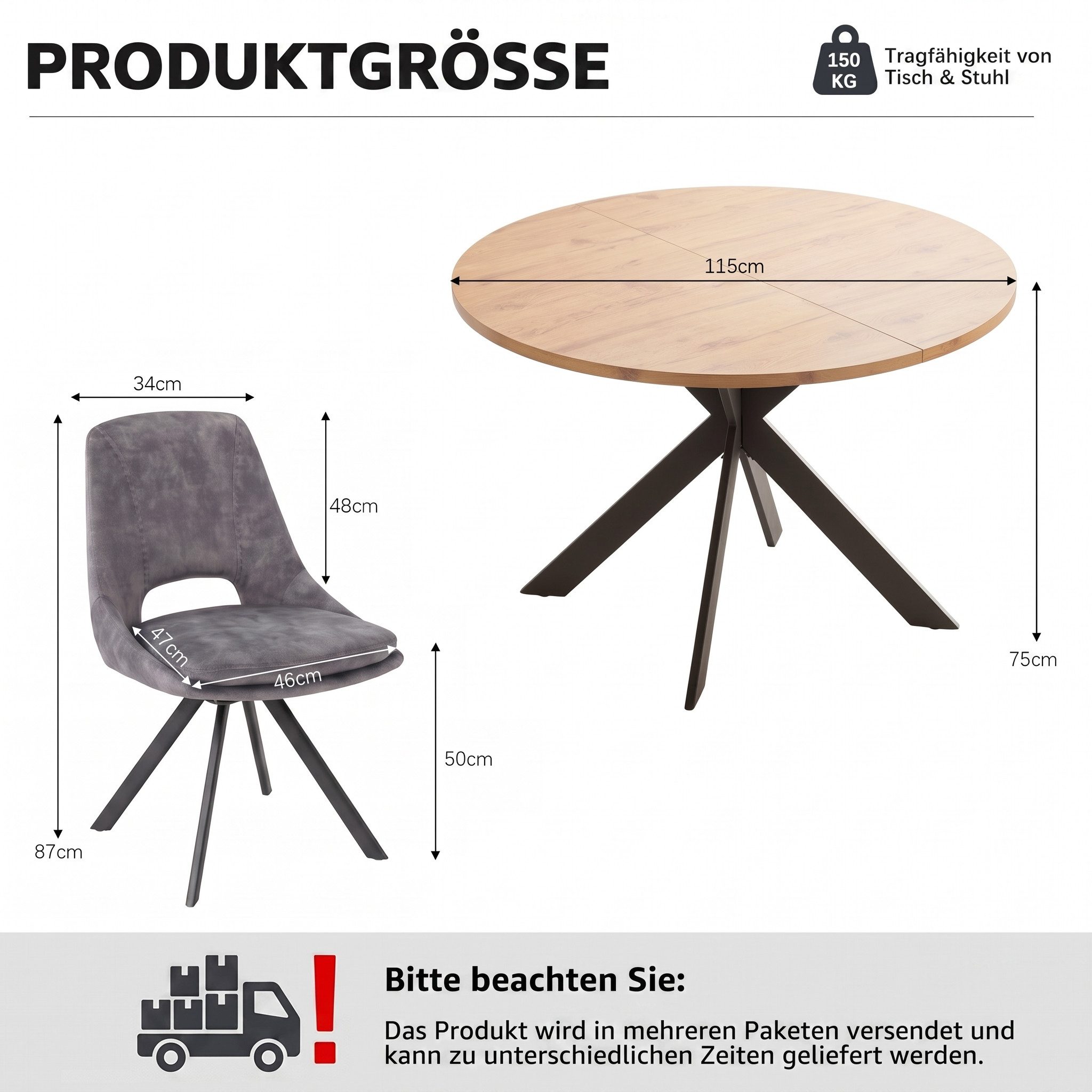 Jiexi Essgruppe Essgruppe Runder Tisch Ø 115cm Eiche Sternfuß & Flanell Stühle – Bild 3 von 5