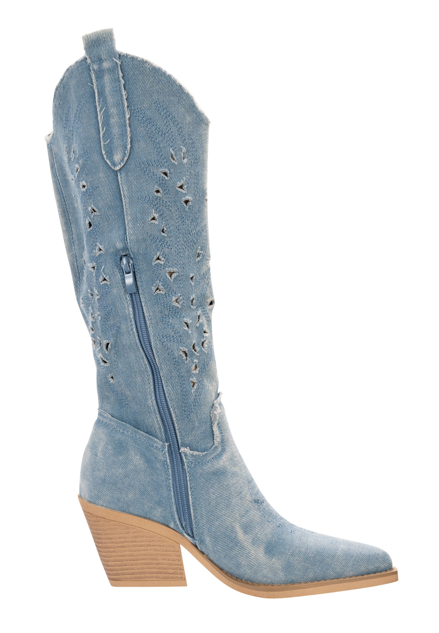 Salinyang Cowboystiefel Damen Denimlook Stiefel mit Stickerei und Blockabsatz Cowboystiefel