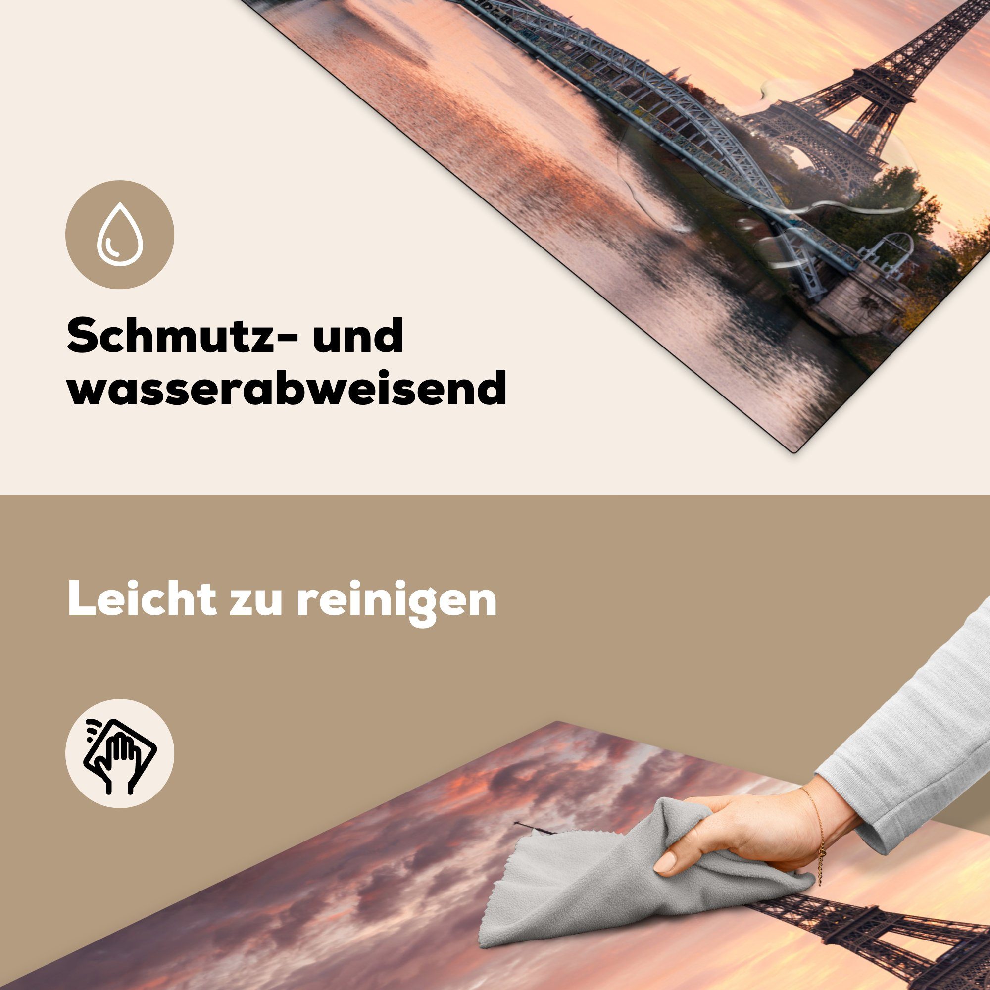 küche dem Ceranfeldabdeckung, hinter cm, (1 Arbeitsplatte Eiffelturm, tlg), Vinyl, Sonnenuntergang für Herdblende-/Abdeckplatte 78x78 MuchoWow