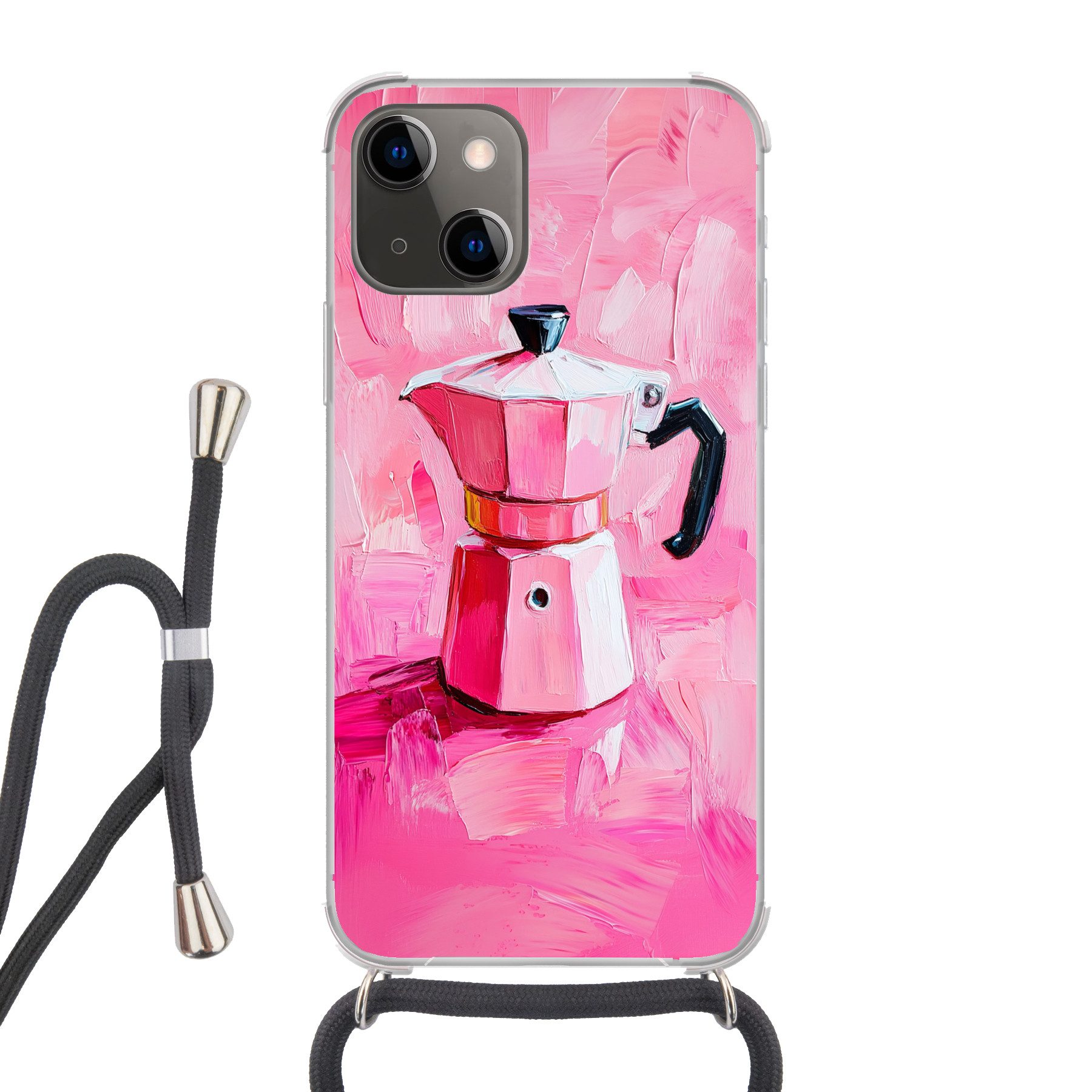 MuchoWow Handyhülle für Apple iPhone 13 Rosa - Farbe - Kaffee, Tragbare Handyhüllen mit Kette zum umhängen, Handykette Handyband