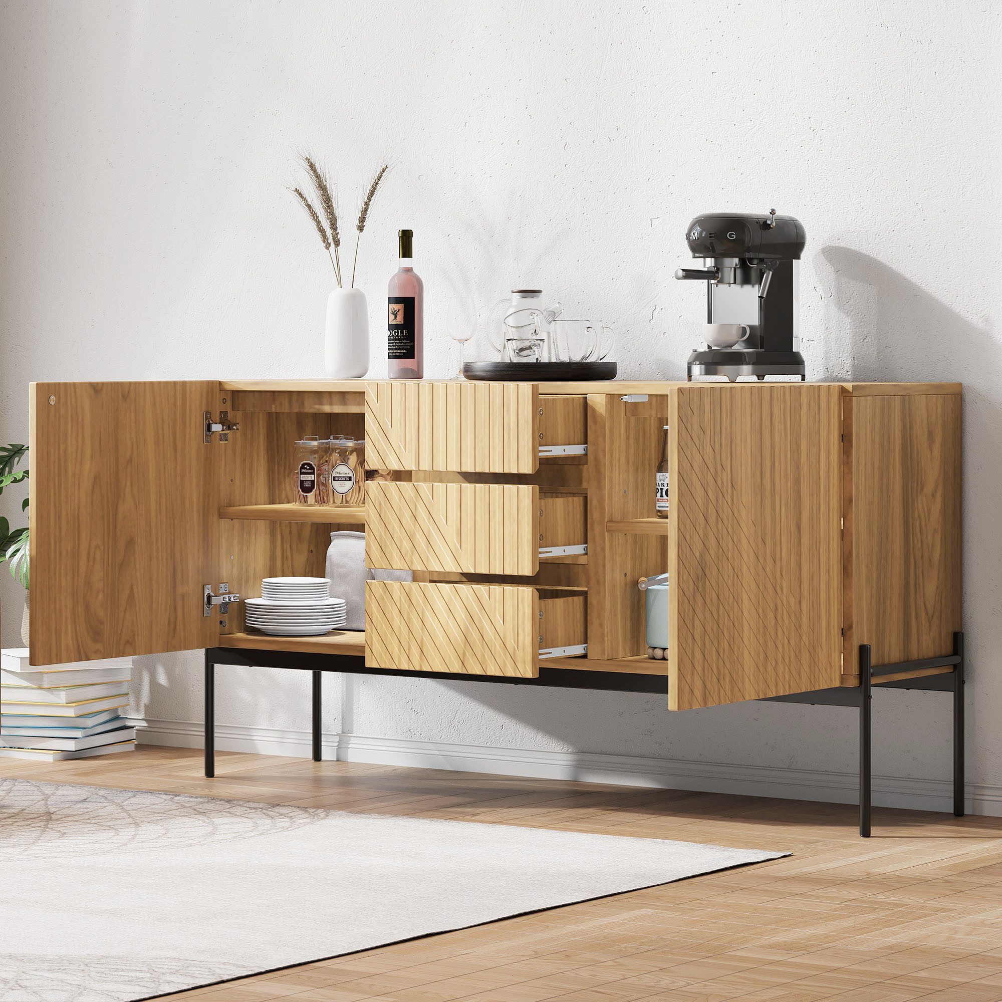Flieks Kommode mit 3 Schubladen und 2 Türen (B140/T40/75 cm, 1 St., für Wohnzimmer, Schlafzimmer, Esszimmer, Flur), Sideboard mit verstellbare Einlegeböden Mehrzweckschrank Holzschrank