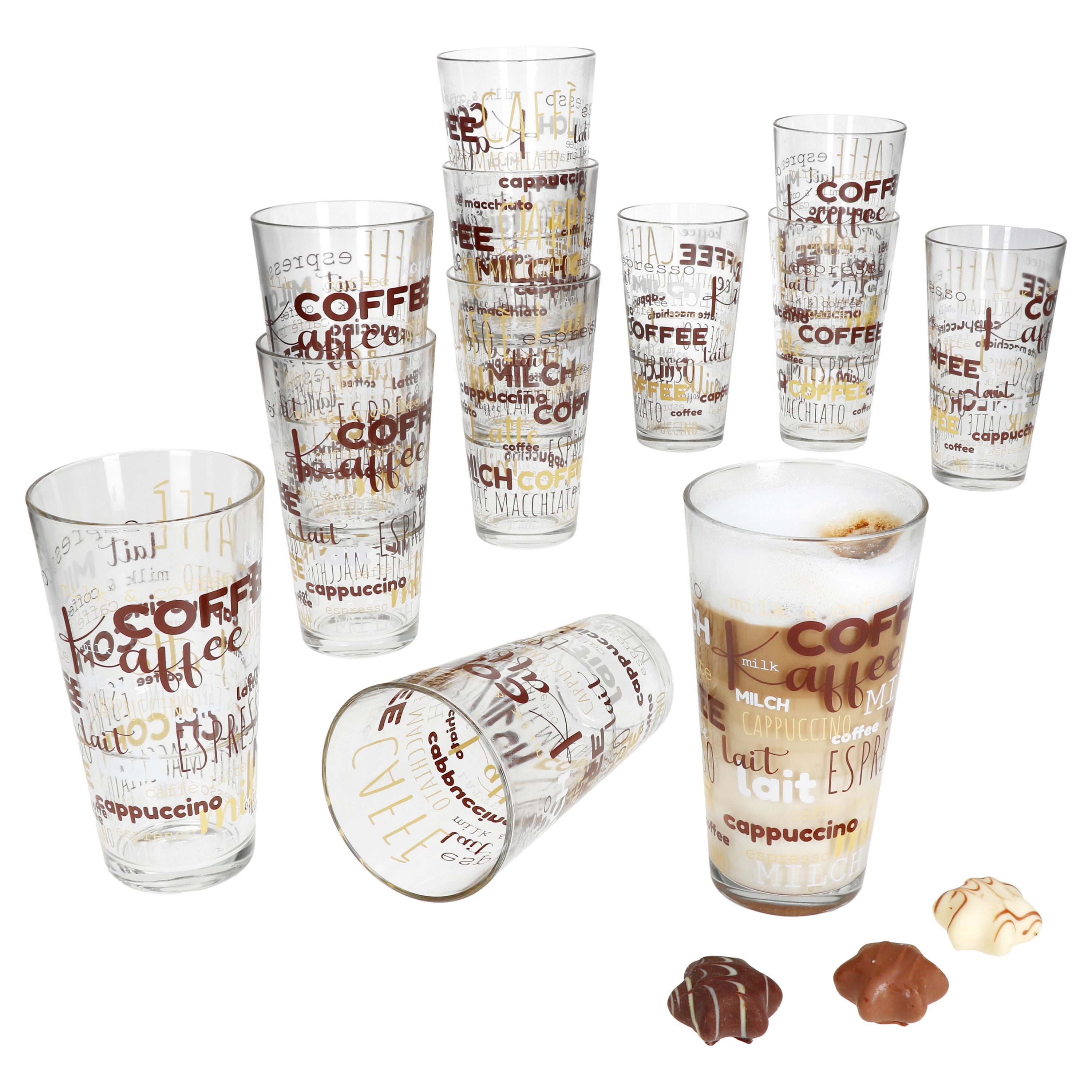 MamboCat Latte-Macchiato-Glas 12x Candy Latte Macchiato Gläser 300ml Schrift-Dekor stapelbar, Glas
