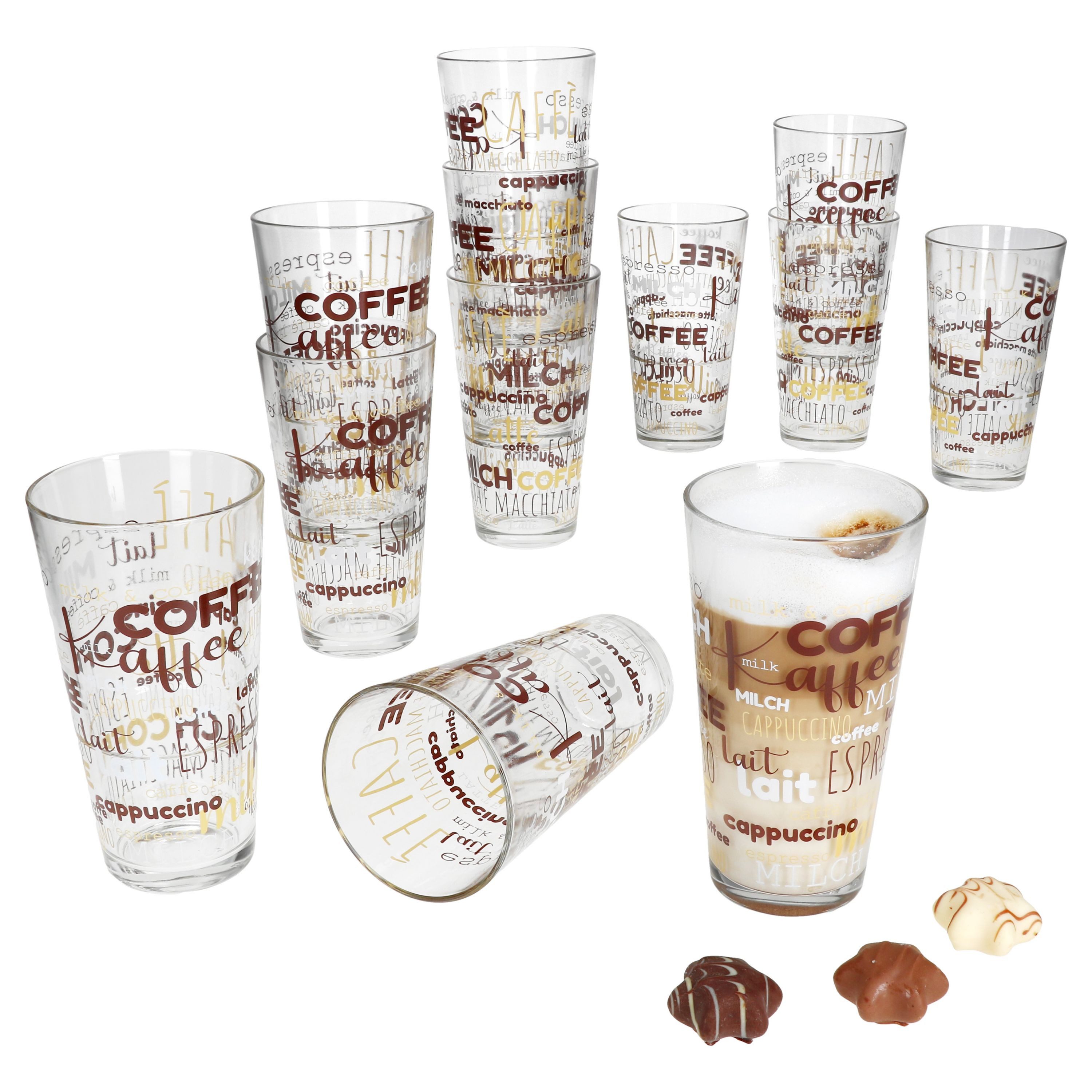 Latte-Macchiato-Glas 12x Candy Latte Macchiato Gläser 380ml Schrift-Dekor stapelbar
