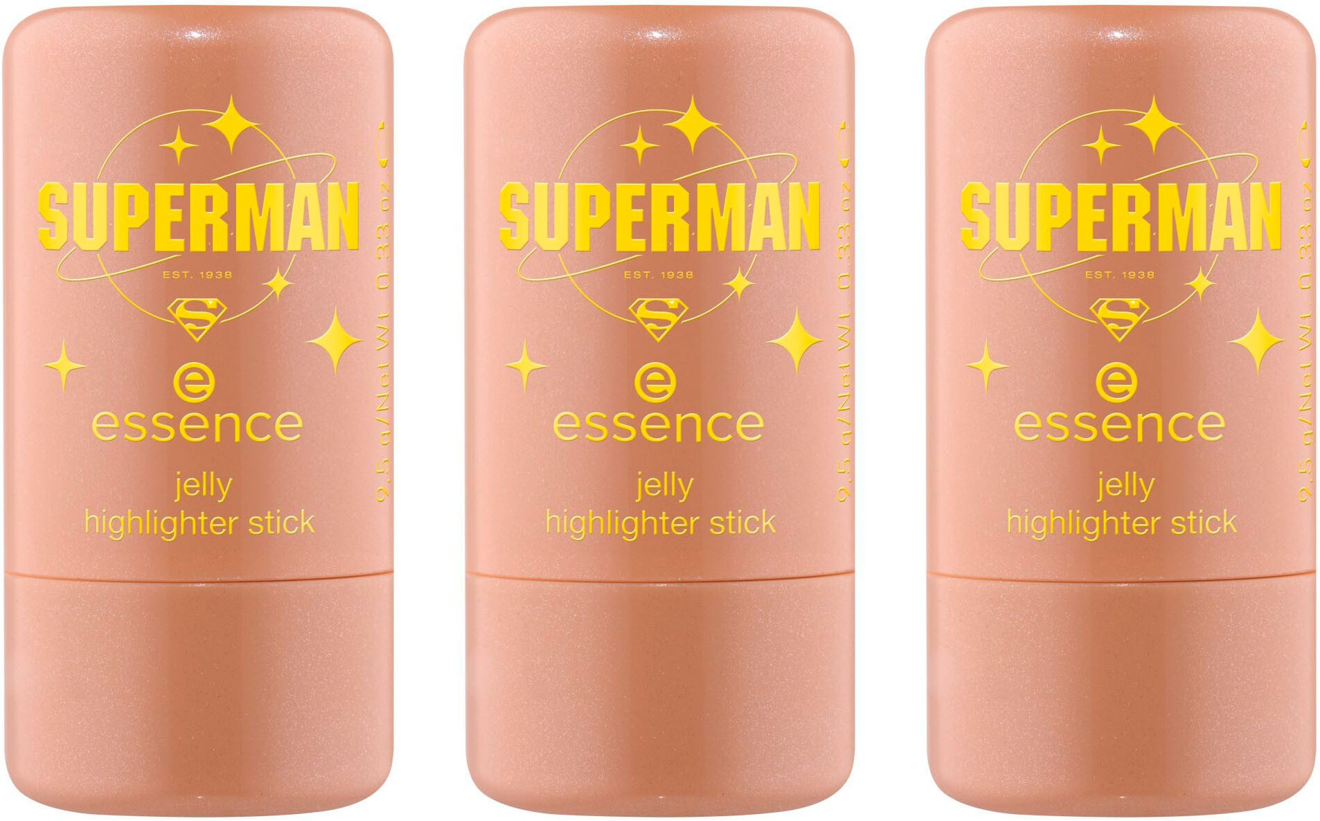 Essence Highlighter Superman jelly highlighter stick, 3-tlg., 04849, Geleeartige Textur mit Kühleffekt, wässrige Formel, natürlicher Glow.