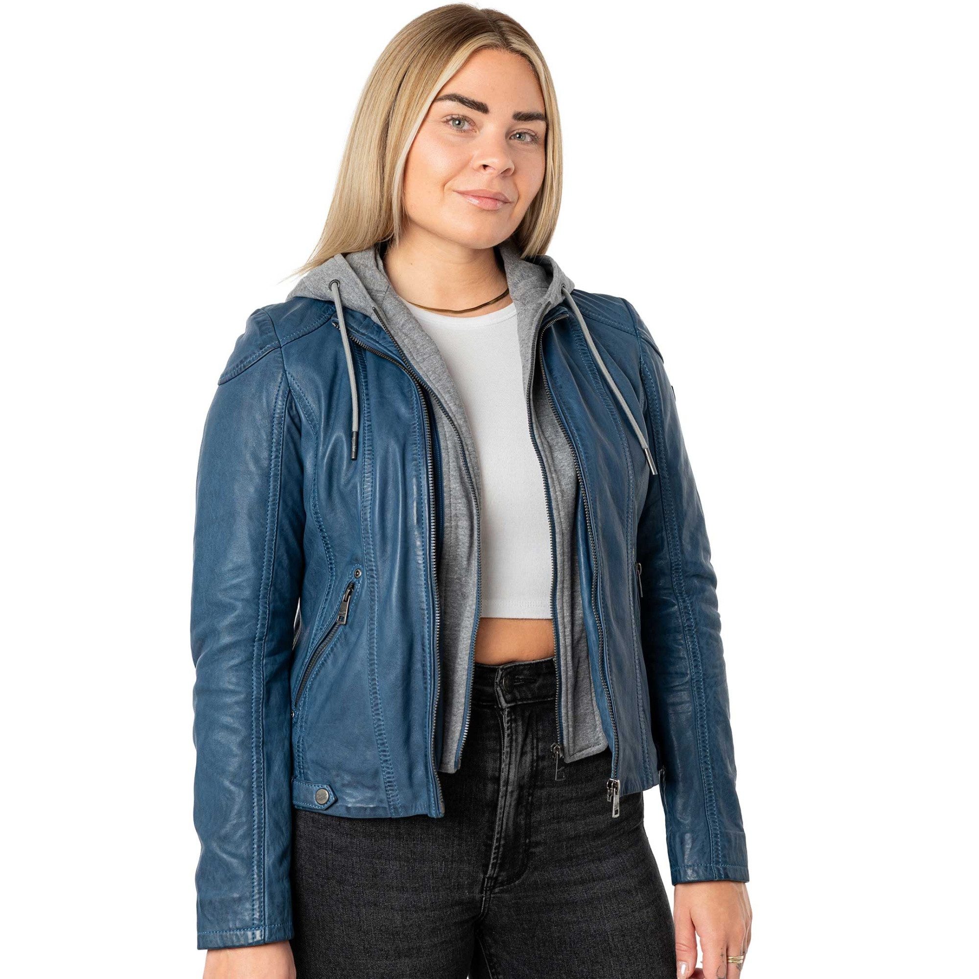 Mauritius Lederjacke MWAmmy Mauritius - Damen Lederjacke Lammnappa Kapuze blau
