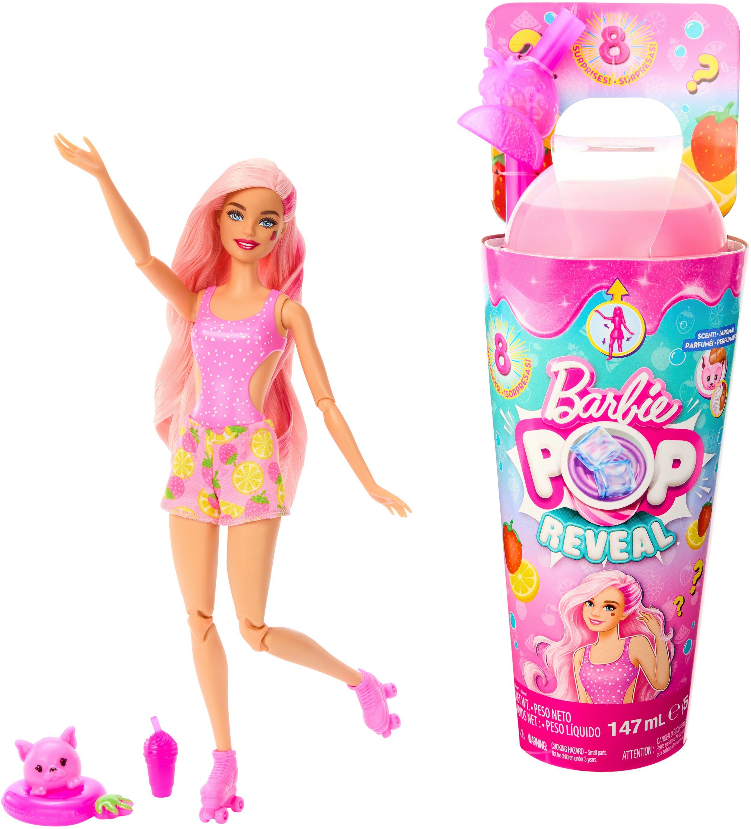 Barbie Anziehpuppe Pop! Reveal, Fruit, Erdbeerlimonadendesign, mit Farbwechsel