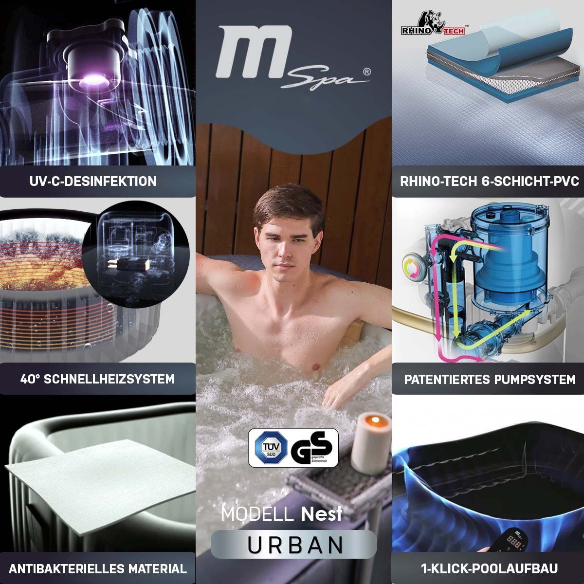mSpa Whirlpool aufblasbar Urban Nest U-NE021 für 2 Personen mit Rattan-Tisch, aufblasbares Aufstellbecken, (Outdoor Indoor Luxus Garten Pool - inkl. Wärmeschutzabdeckung - UV-C Filter - 40 ° C Schnellheizsystem - Winterfest, Sitzpolster - 6-Schicht-PVC - LED Fernbedienung - Selbstaufblasbar), Pool Viereckig - Ozongenerator - 104 Luftdüsen