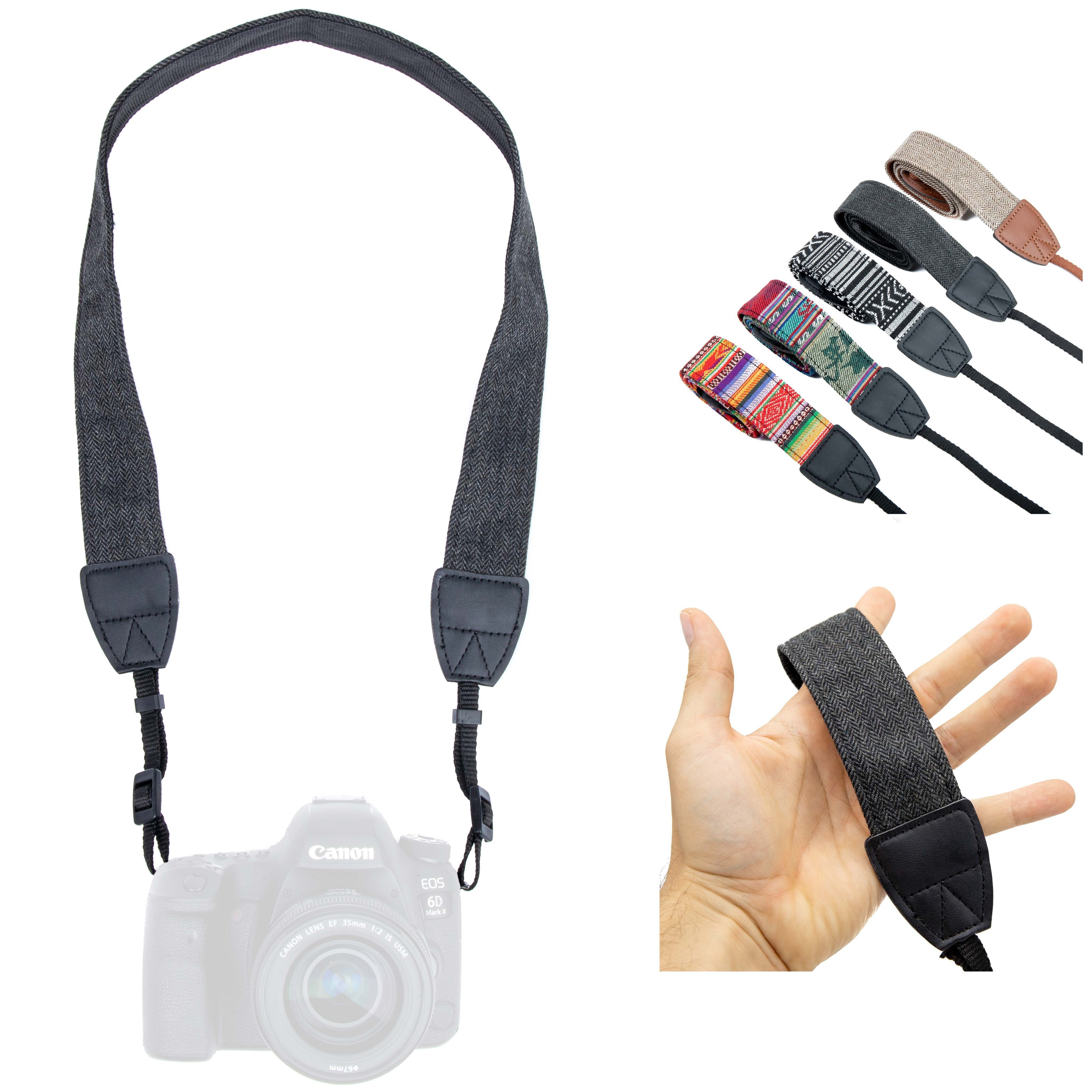 Lens-Aid Kamerazubehör-Set Kameragurt in schickem Design: Leinen Nacken- bzw. Schultergurt geeignet für Kameras von Canon, Nikon, Sony, Fujifilm, Olympus, Leica etc. Anthrazit