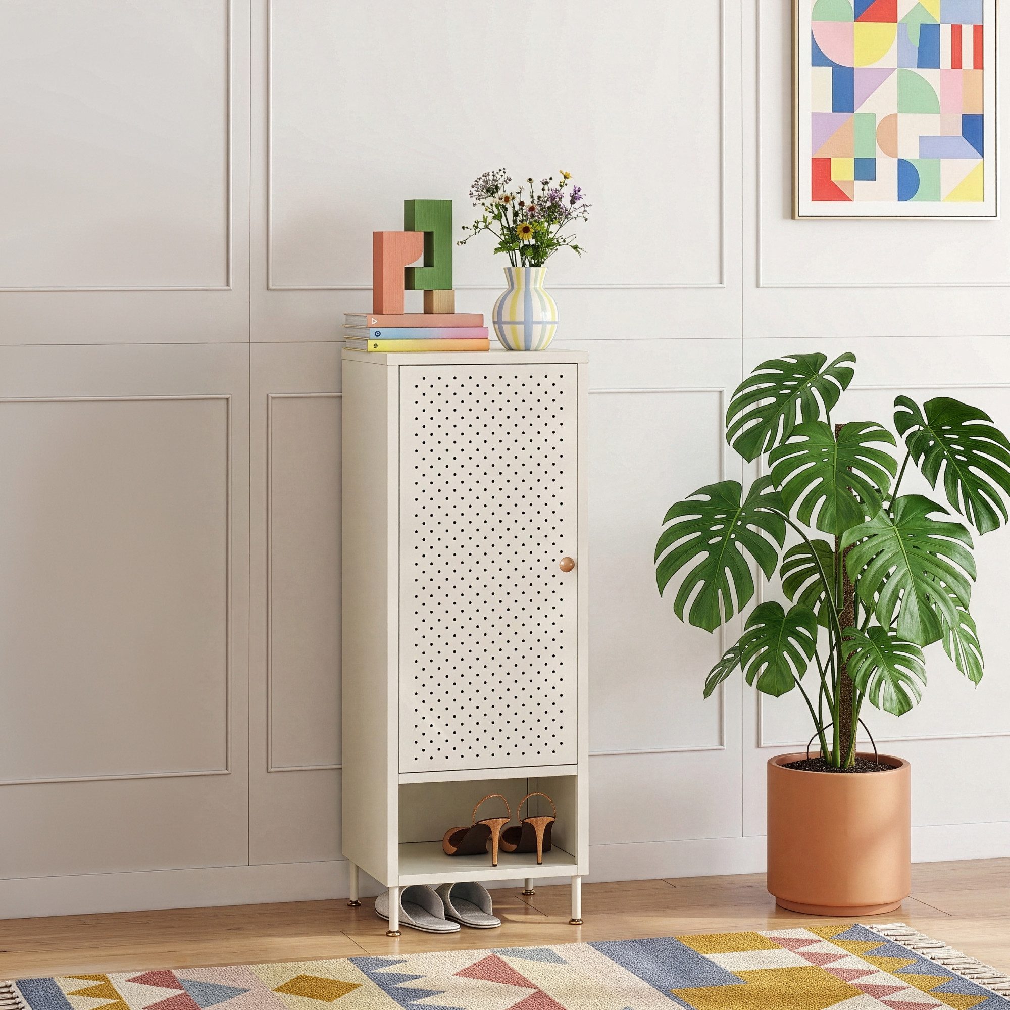 en.casa Schuhschrank »Coleraine« mit 1 Tür Stahl 115x43x35 cm mit Fach Cremeweiß