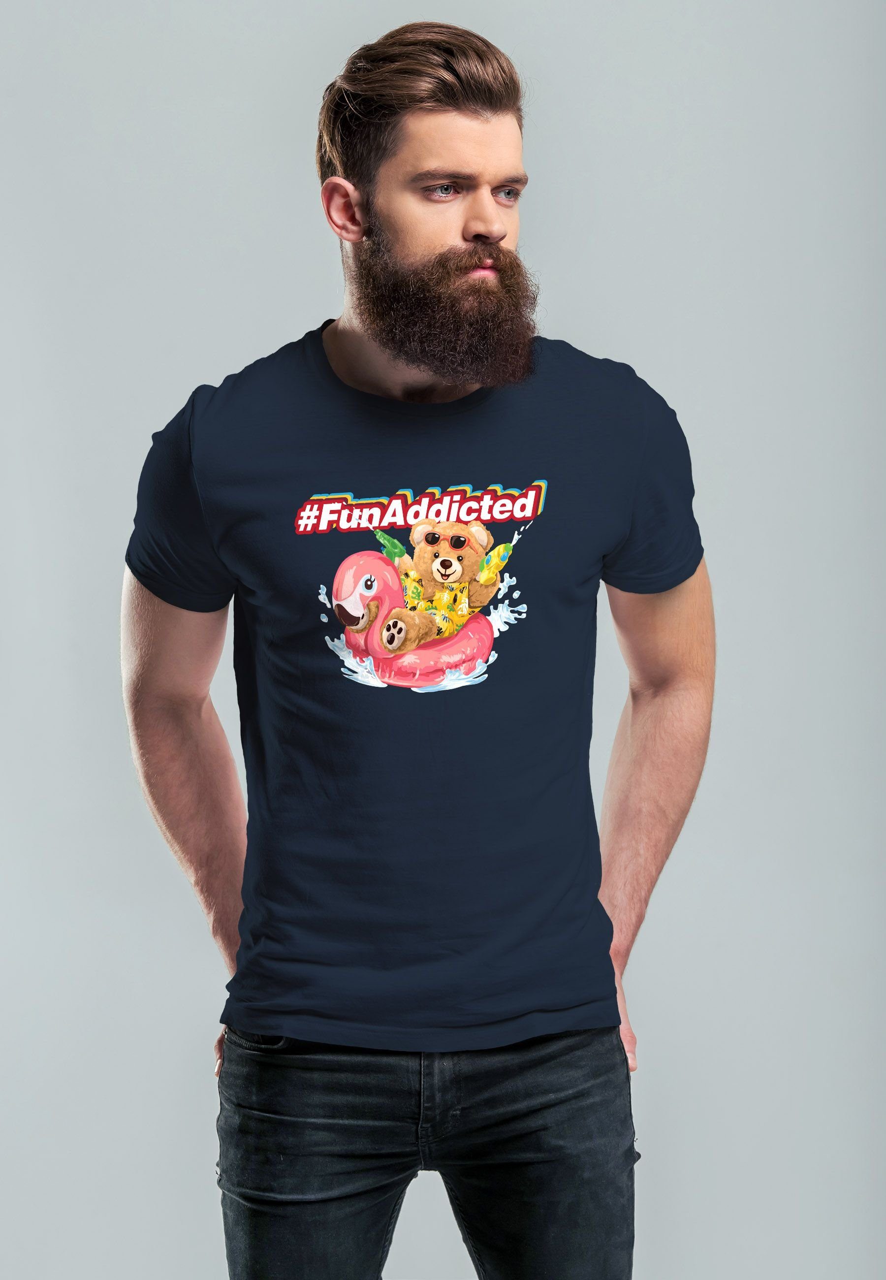 Spaß Fashion Teddy Neverless Schriftzug Print-Shirt mit Addicted T-Shirt Stree Fun Sommer Print Herren navy