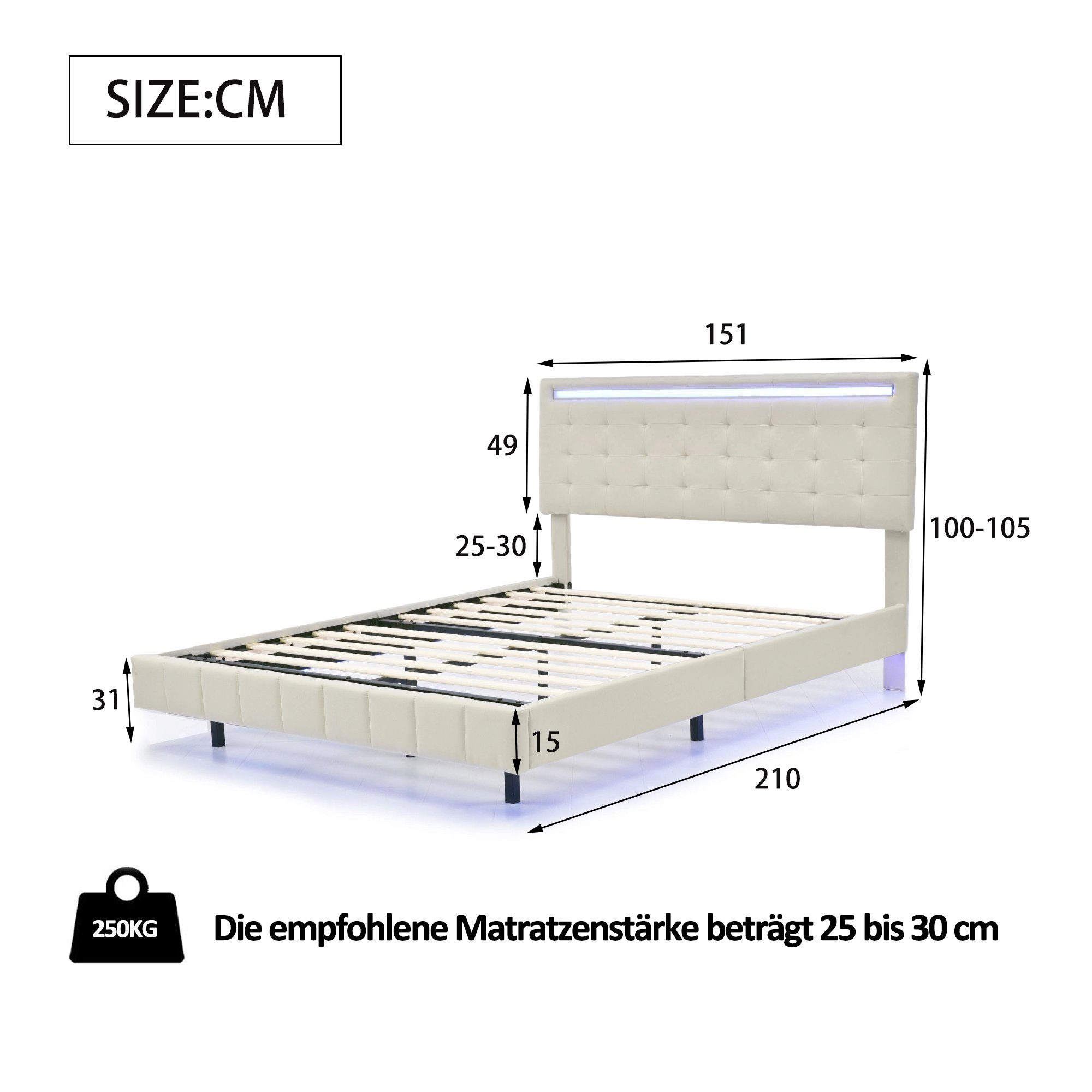 Polsterbett (LED Doppelbett), mit USB Ladefunktion und höhenverstellbarem Kopfteil 140x200cm, Leinen