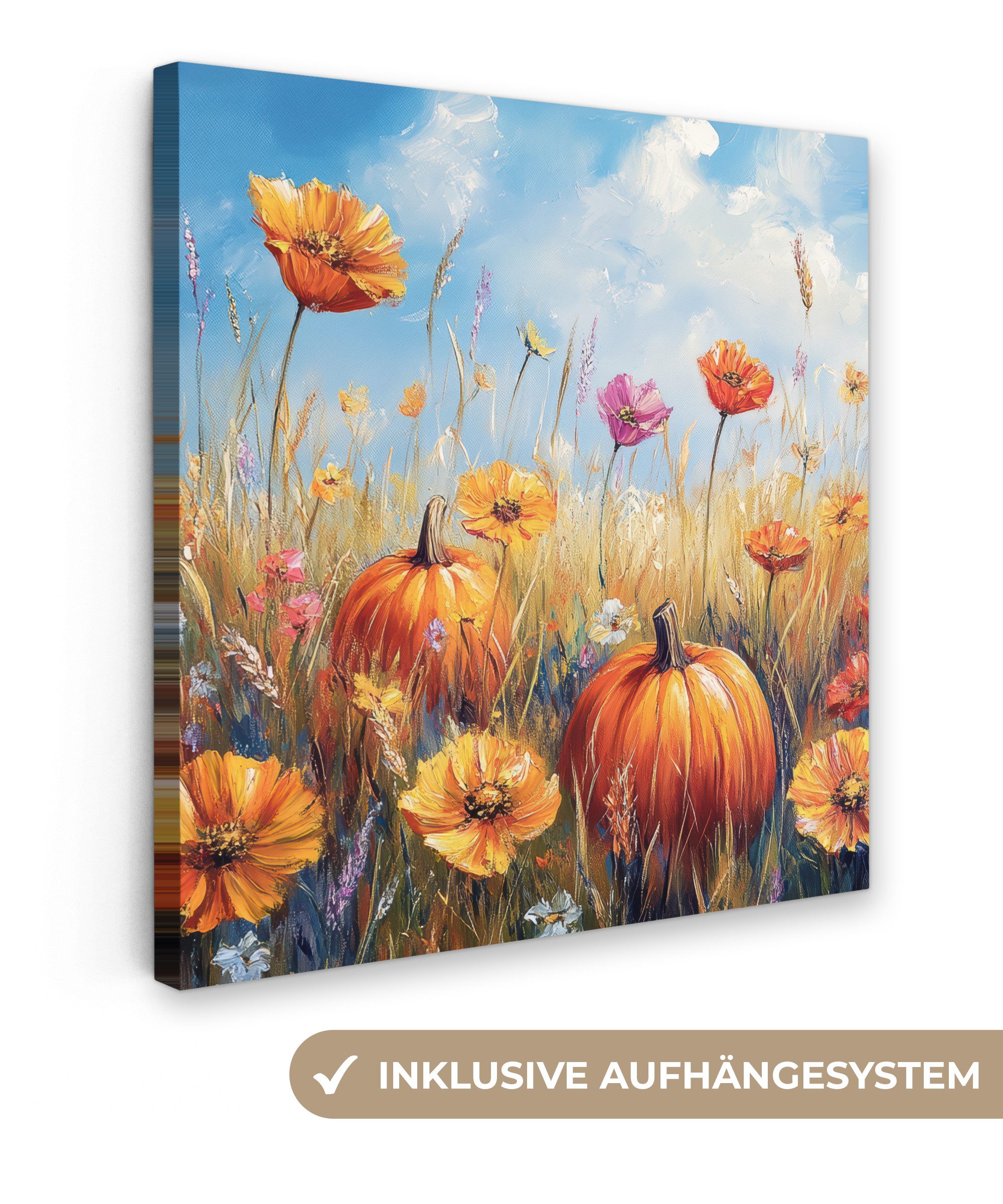 OneMillionCanvasses® Leinwandbild Blumen - Herbst - Kürbis - Natur - Landschaft, Fotodruck (1 St), Wandbild, Deko Schlafzimmer Wohnzimmer Flur 20x20 cm