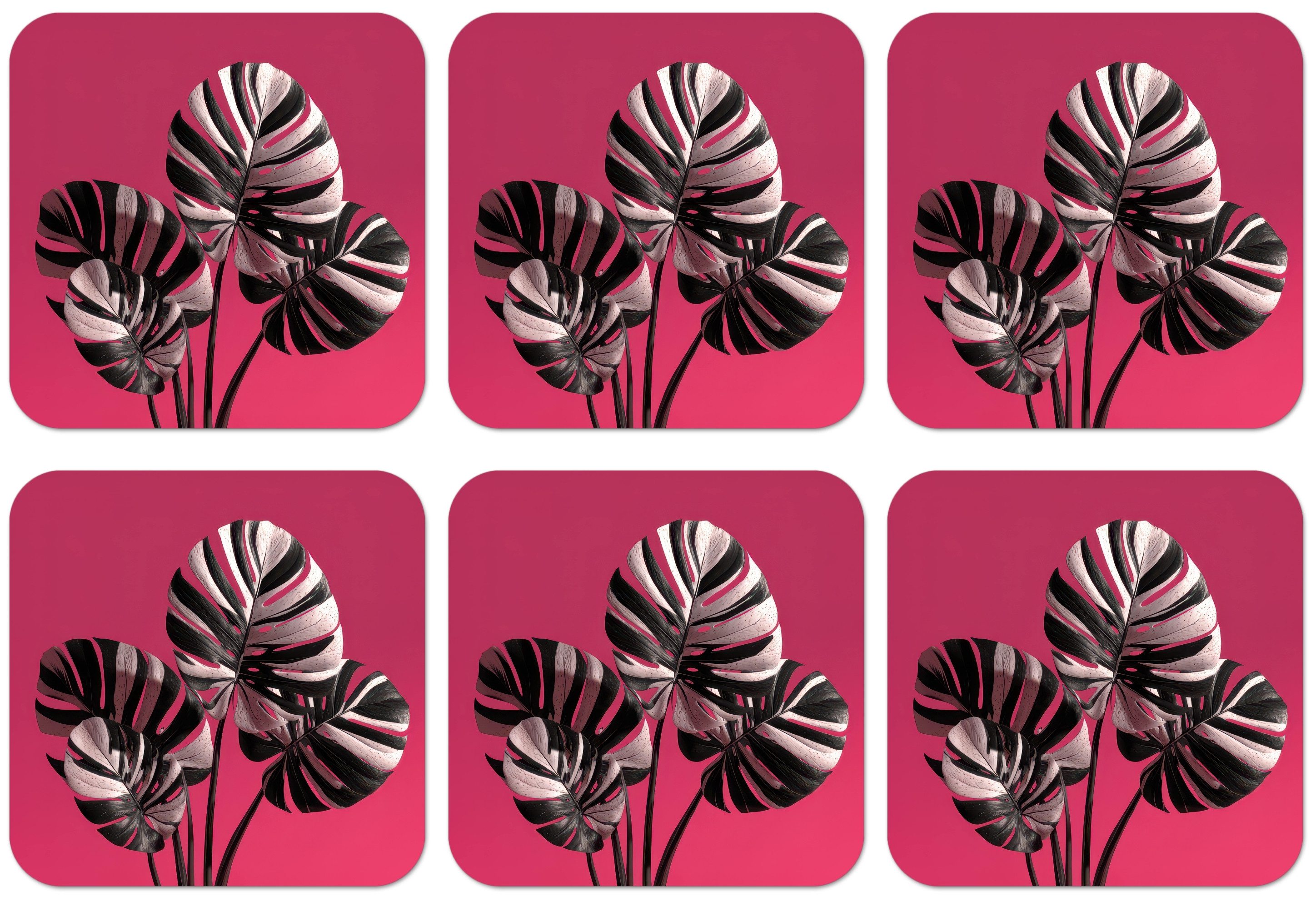 MuchoWow Glasuntersetzer Blätter - Rund - Rosa, Zubehör für Gläser, 6-tlg., Tassenuntersetzer Kork, Quadrat, Untersetzer Set Gläser, 10x10 cm