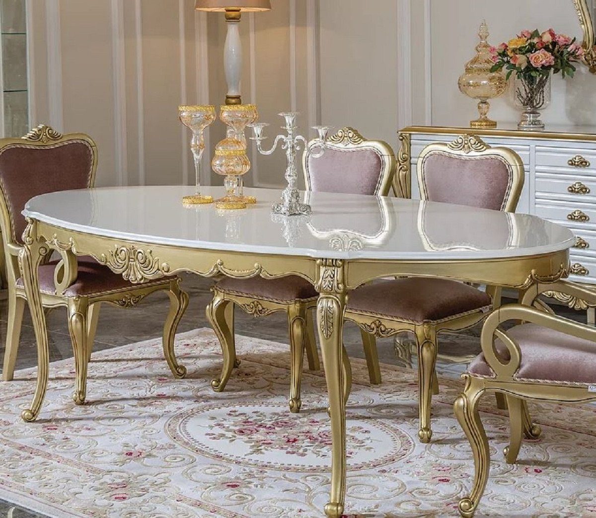 Casa Padrino Esstisch Luxus Barock Esstisch Weiß / Gold - Ovaler Massivholz Esszimmertisch - Prunkvolle Barock Esszimmer Möbel