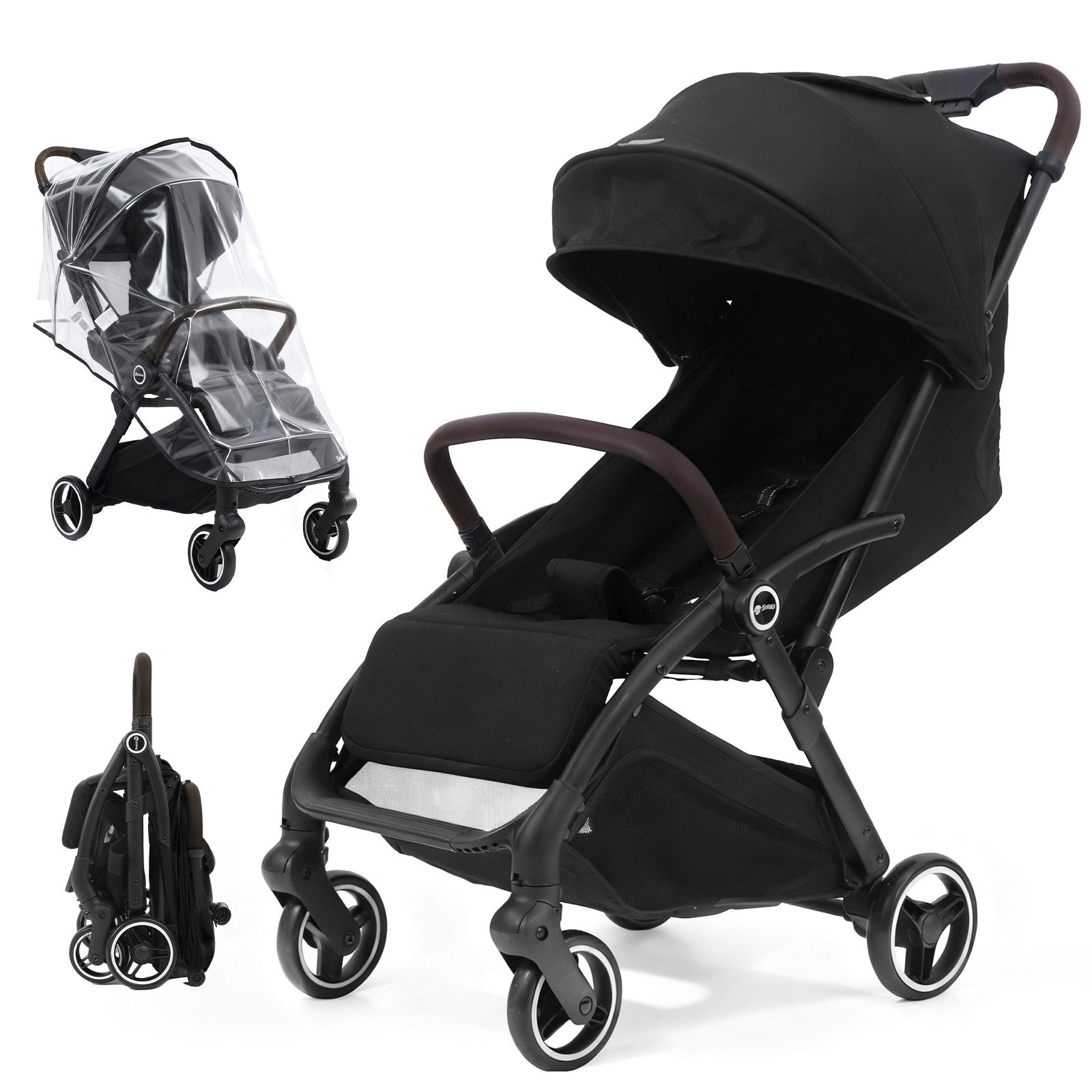 Sekey Kinder-Buggy mit Regenschutz, 3-fach verstellbar Reise Kinderwagen für Flugzeug, Einhand-Faltmechanismus, 4-Rad-Federung, 5-Punkt-Gurt, Sichtfenster