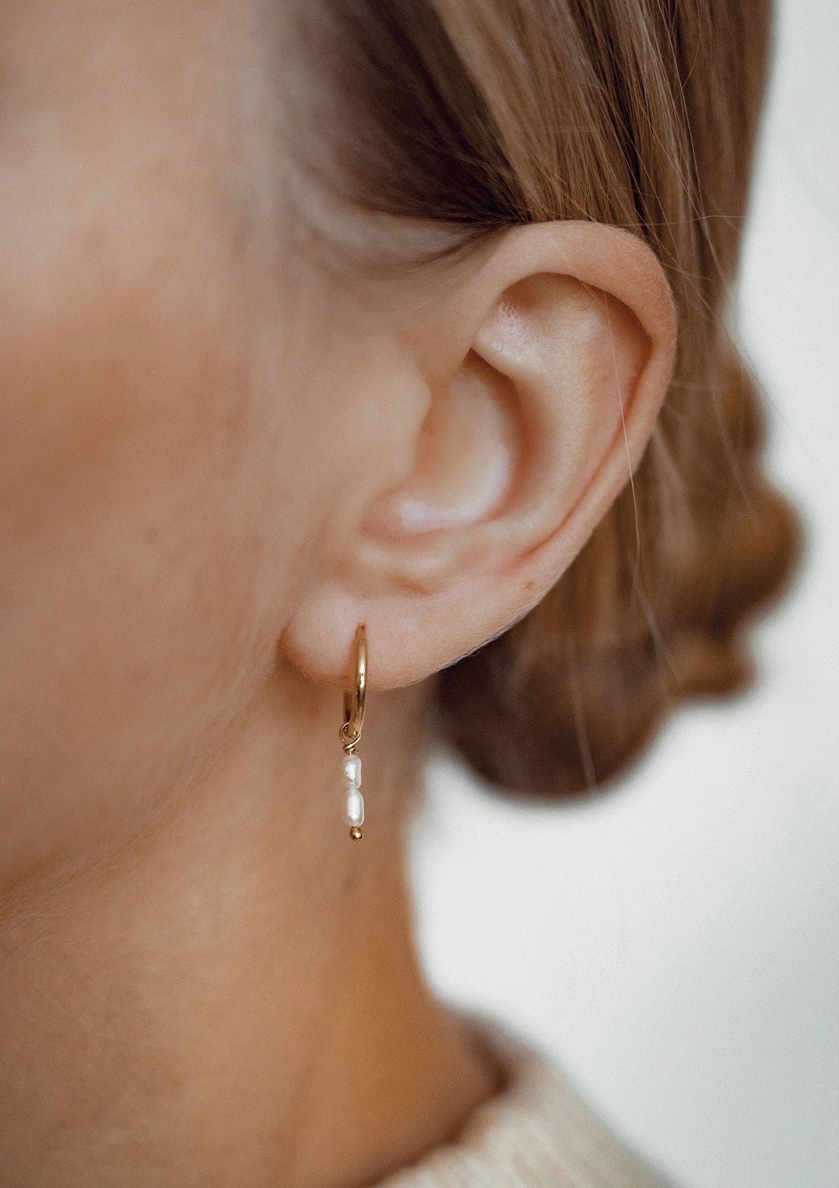 Hey Happiness Paar Creolen Perle Anhänger doppelt, Silber Ohrhänger Damen, 925 Silber Ohrringe Perlen weiß, 18K Gold Roségold, Brautschmuck