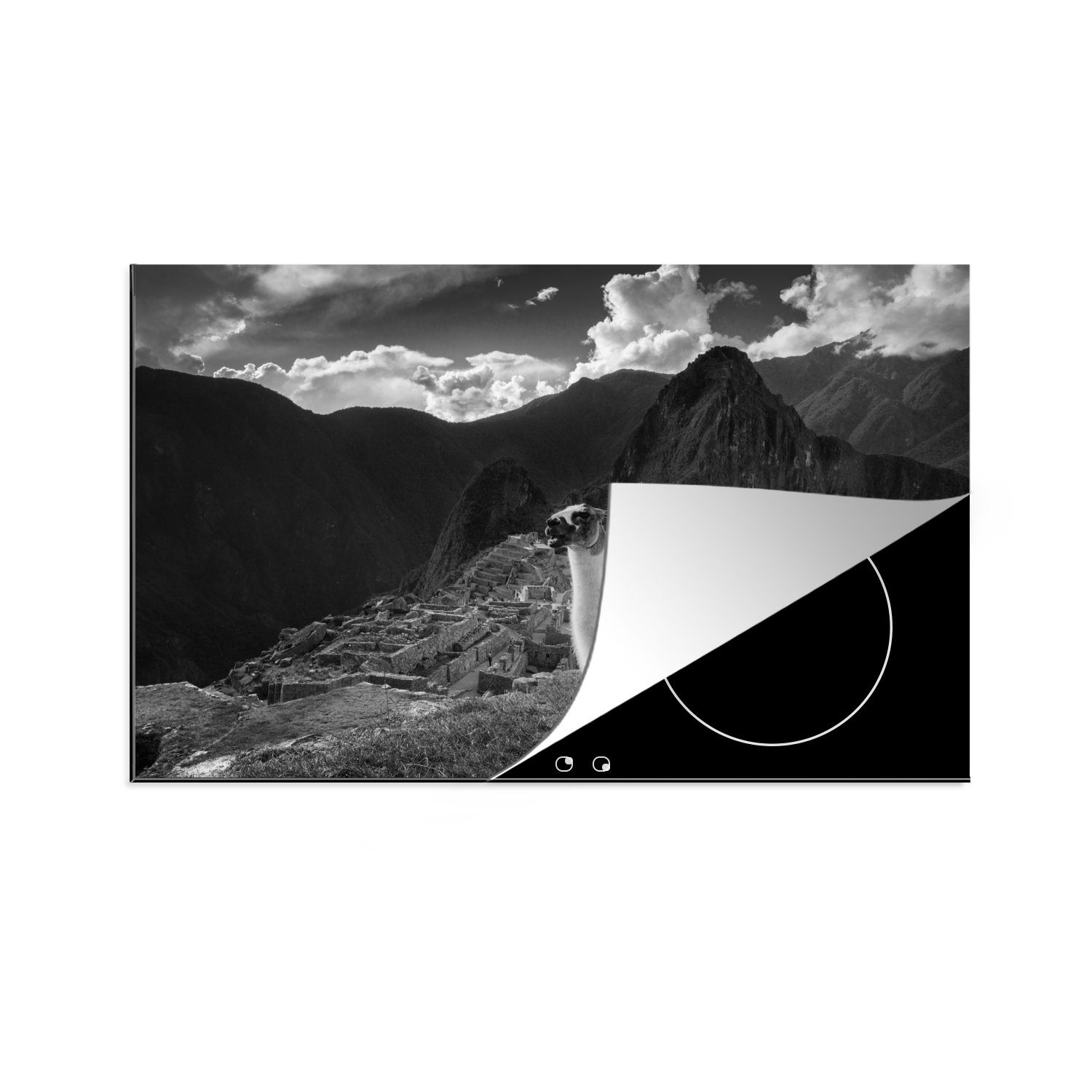 MuchoWow Herdblende-/Abdeckplatte Peru - Schwarz - Weiß - Alpaka, Vinyl, (1 tlg), 81x52 cm, Induktionskochfeld Schutz für die küche, Ceranfeldabdeckung