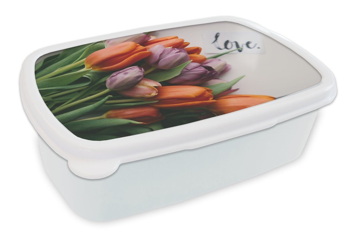MuchoWow Lunchbox Blumen - und Brotdose, Erwachsene, (2-tlg), Zitat, Tulpen Brotbox für Kunststoff, Jungs - und Mädchen Kinder weiß für
