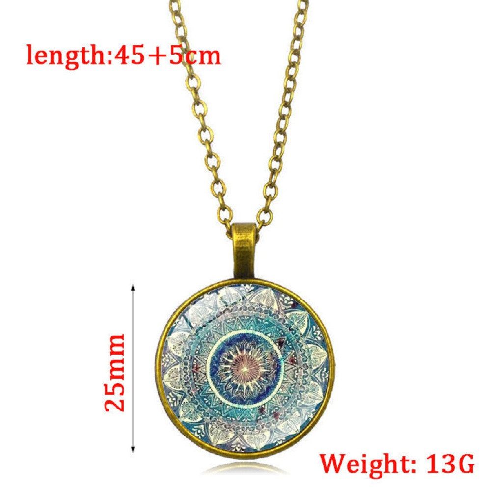 RAIKOU Ohrring und Ketten Set Mandala rund, Boho Vintage Ohrringe/ Kette mit Mandala Muster, Glas Cabochon Ohrhänger 2,8 cm – Bild 4 von 4