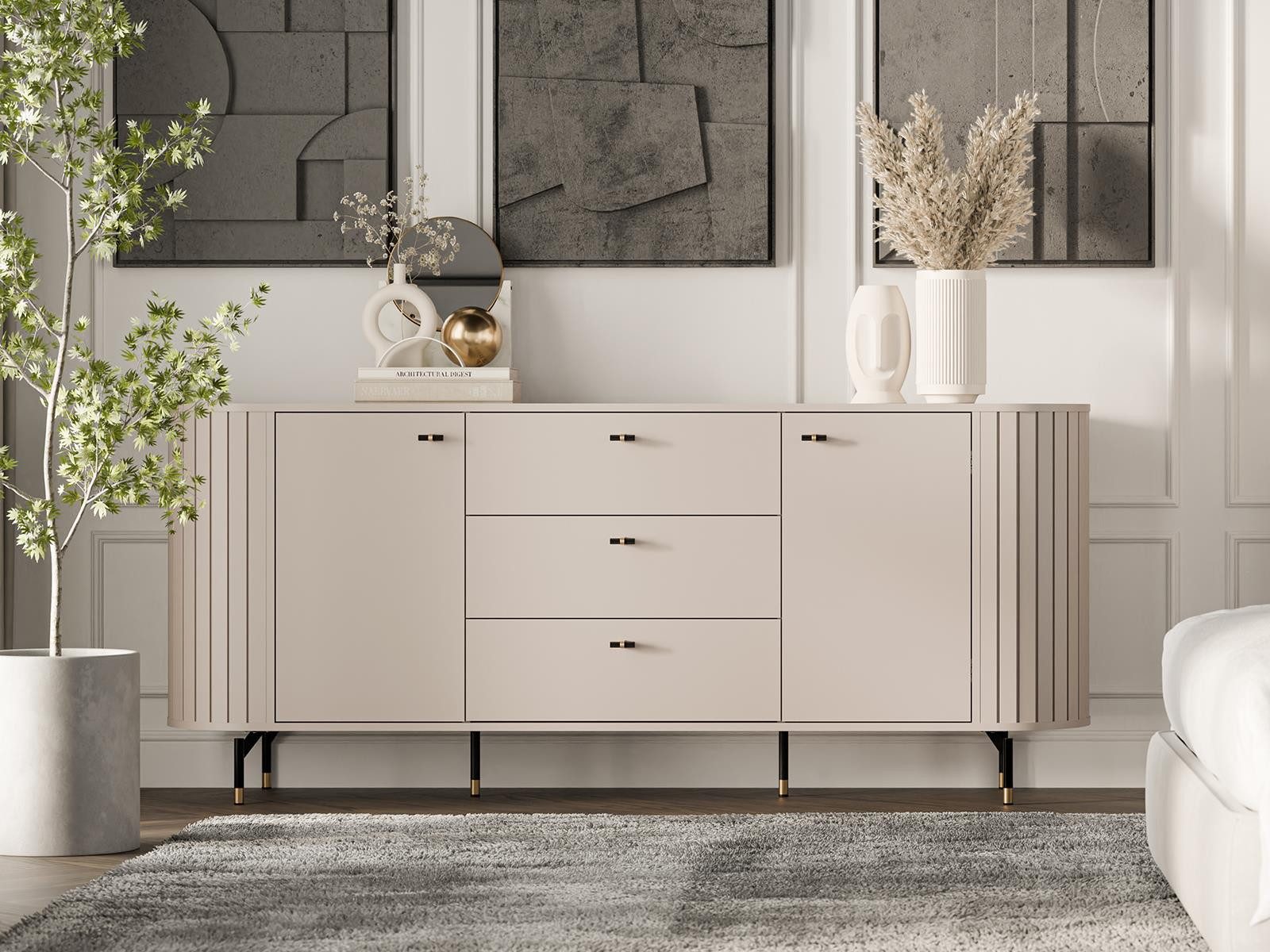 Compleo Kommode 190 cm breit, Kommode mit 3 Schubladen und zwei Türen MODERNO