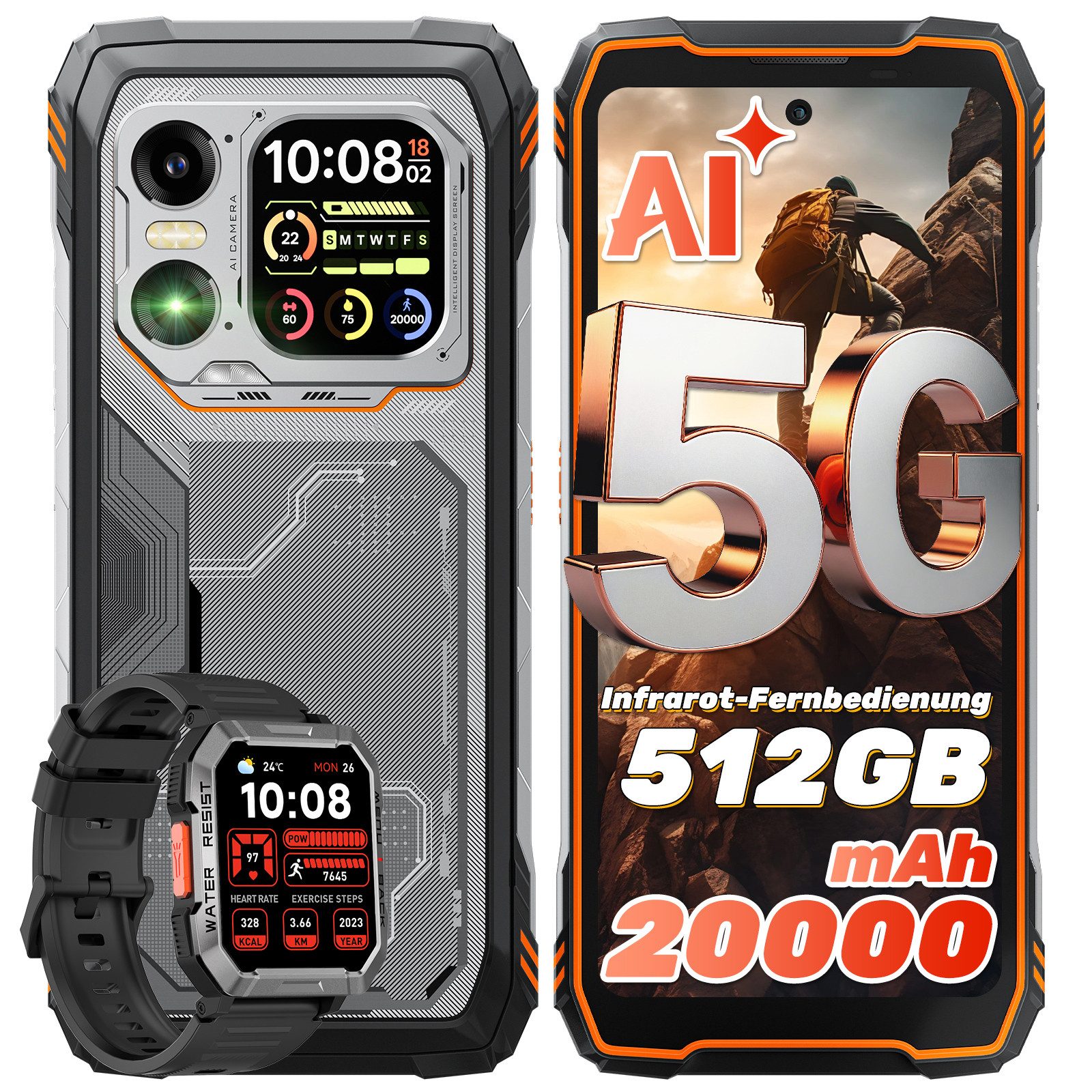 blackview XPLORE 1 Dual-Screen incl.W60 Smartwatch Outdoor Smartphone (6,78 Zoll, 512 GB Speicherplatz, 64 MP Kamera, 5G, 1080*2460, 120Hz, 64MP+50MP+20MP Nachtsicht, 55W, 5W OTG)