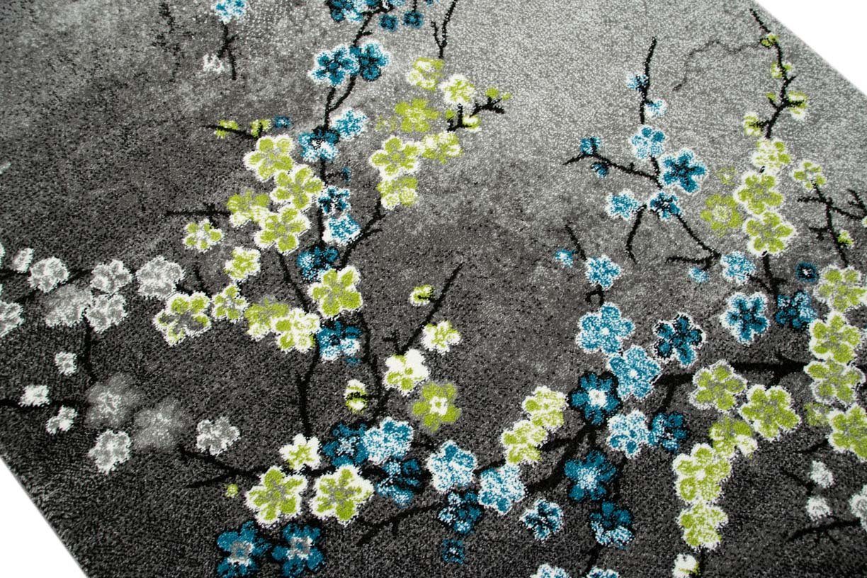 TeppichHome24 Teppich Designer Teppich mit Blumenmotiv Grau Türkis Grün, re günstig online kaufen
