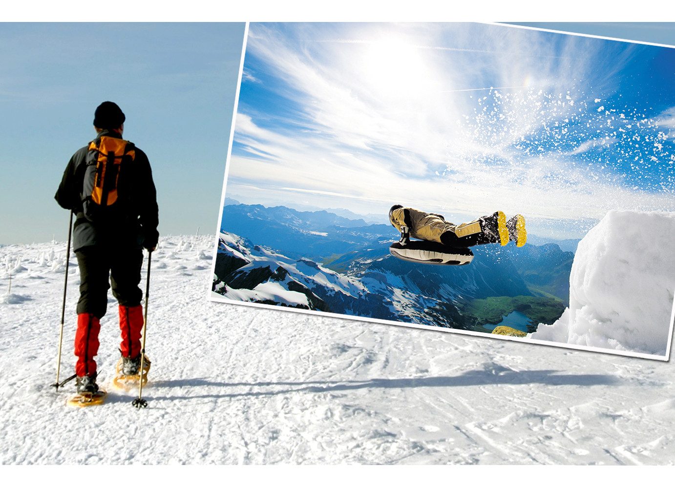 Jochen Schweizer Erlebnisgutschein Schneeschuhtour & Freeride-Airboarding, Je idyllischer der Aufstieg desto rasanter die Abfahrt.