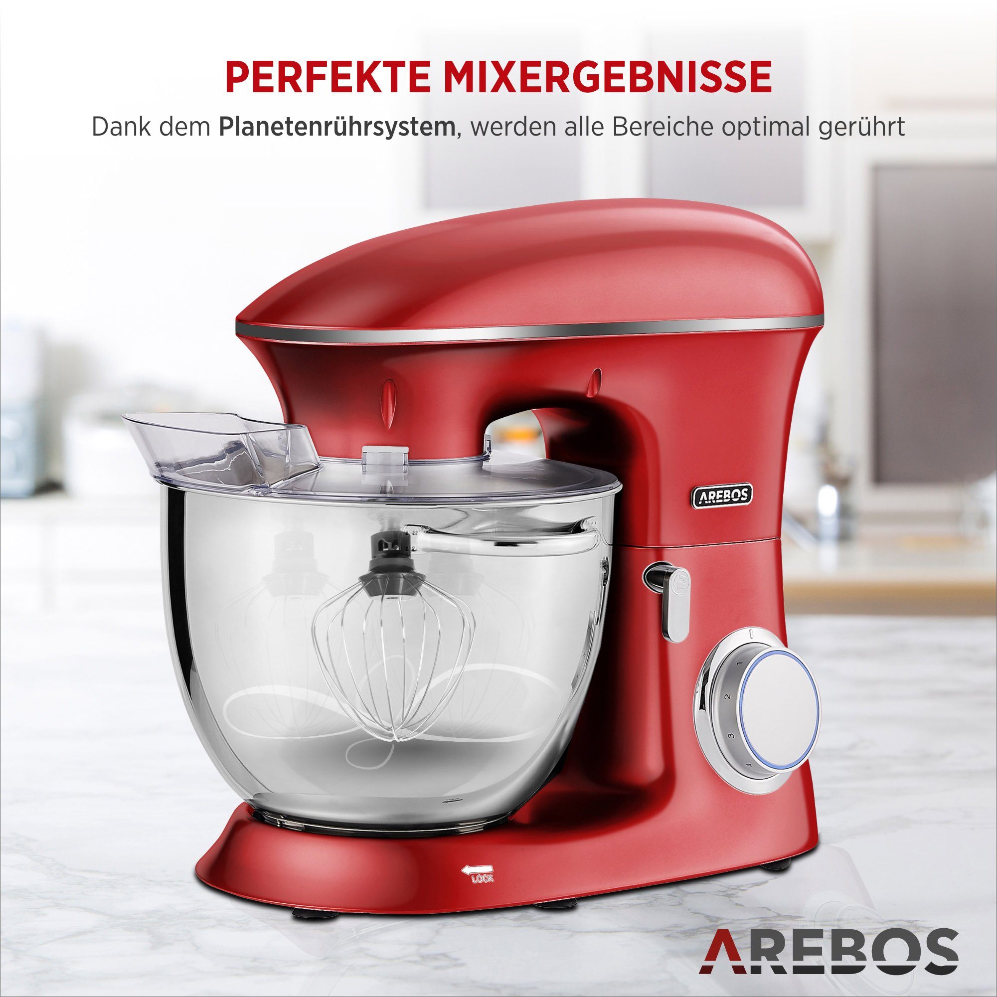 Arebos Küchenmaschine Edelstahl-Rührschüssel, rot W, Geschwindigkeiten, l 1500 8,00 Schüssel 6