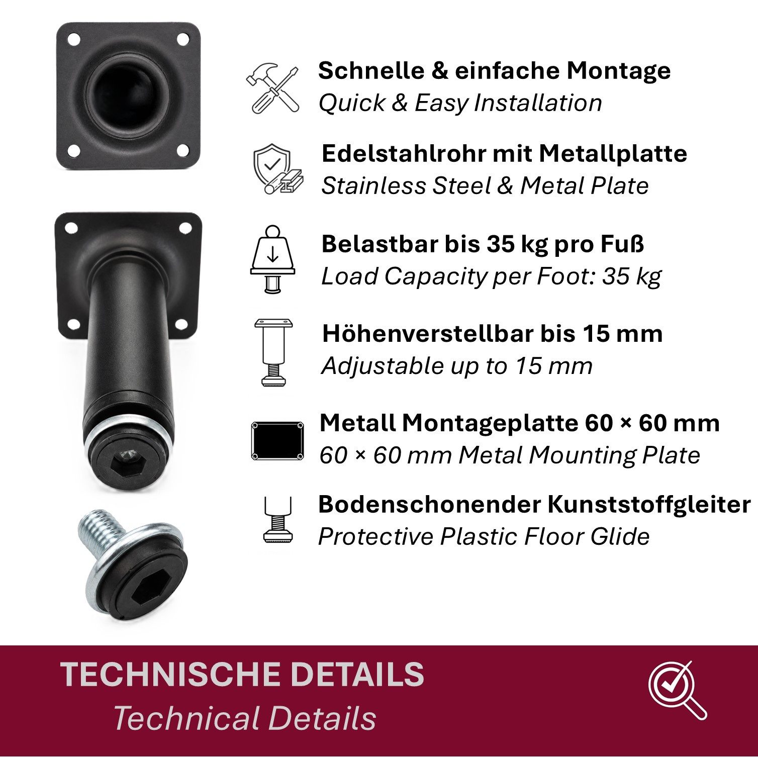 HOOZ Möbelfuß Edelstahl Schwarz Matt 80mm höhenverstellbar 4er Set Ø30mm, (Set, 4-St., 4er-Set Möbelbeine), Schwarz Matt, Ø 30 mm, höhenverstellbar bis 15 mm – Bild 3 von 5
