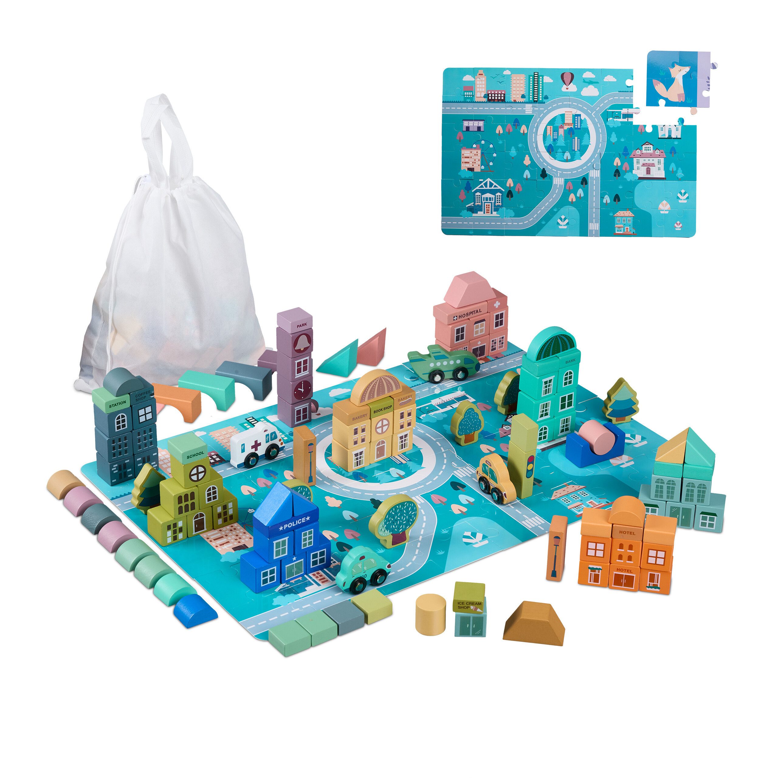 relaxdays Holzbausteine Stadt im Set Spielbausteine, B