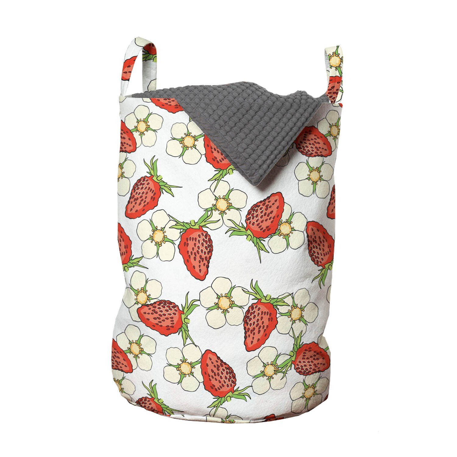 Abakuhaus Wäschesäckchen Wäschekorb mit Griffen Kordelzugverschluss für Waschsalons, Erdbeere Berry Blüten Sommer