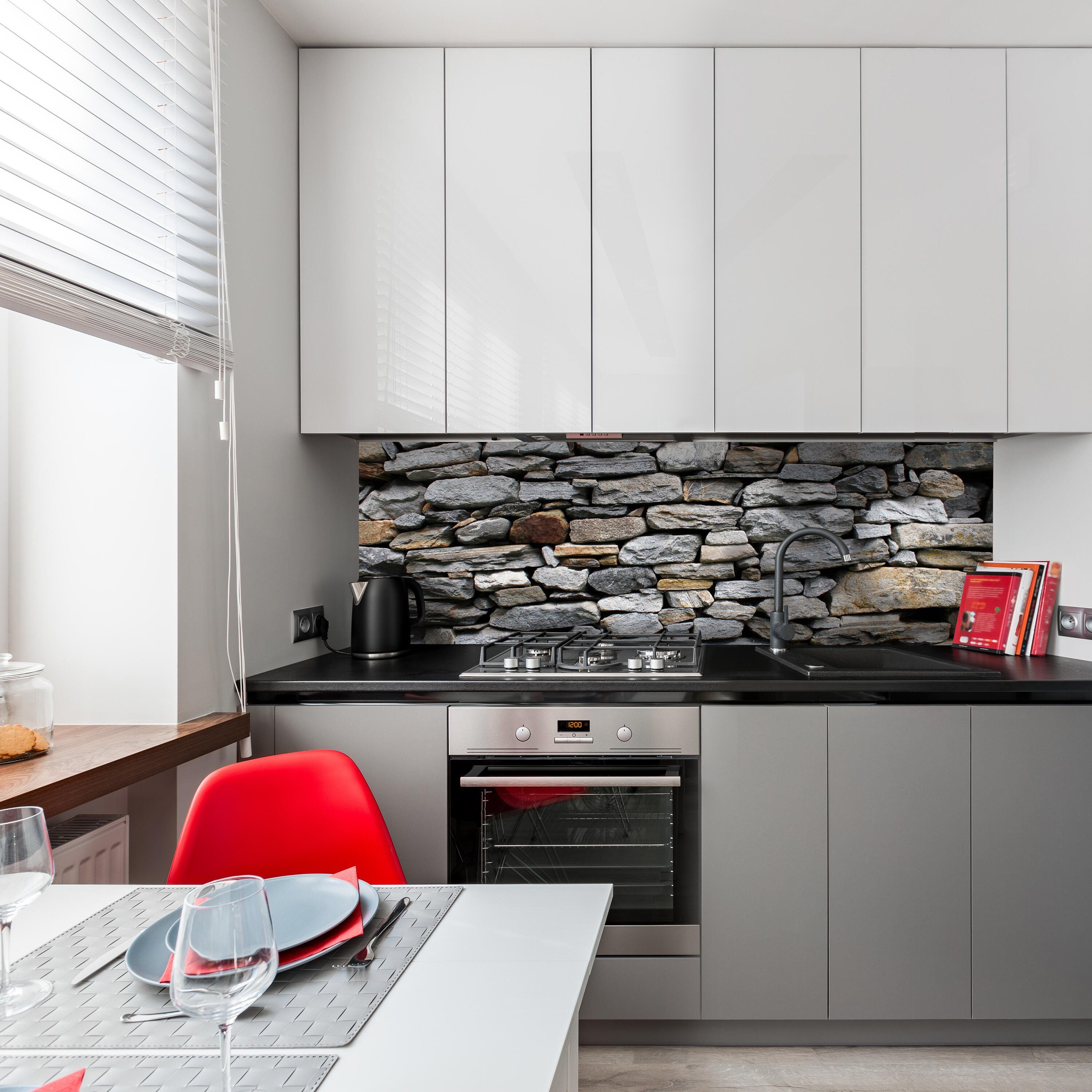 wandmotiv24 Küchenrückwand Steinmauer Grau, (1-tlg), Premium Hartschaum Nischenrückwand in versch. Größen