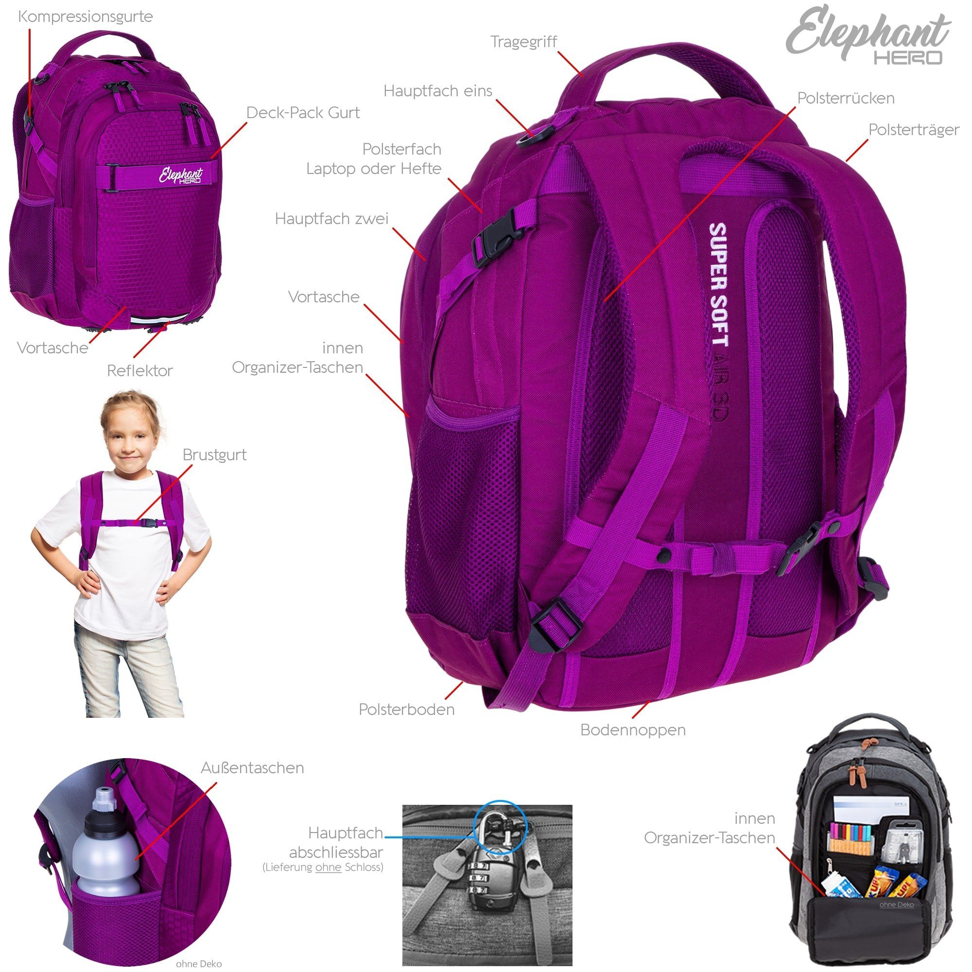ELEPHANT Schulrucksack Hero Signature Schultasche (2 Teile Set), Rucksack + Mäppchen Box