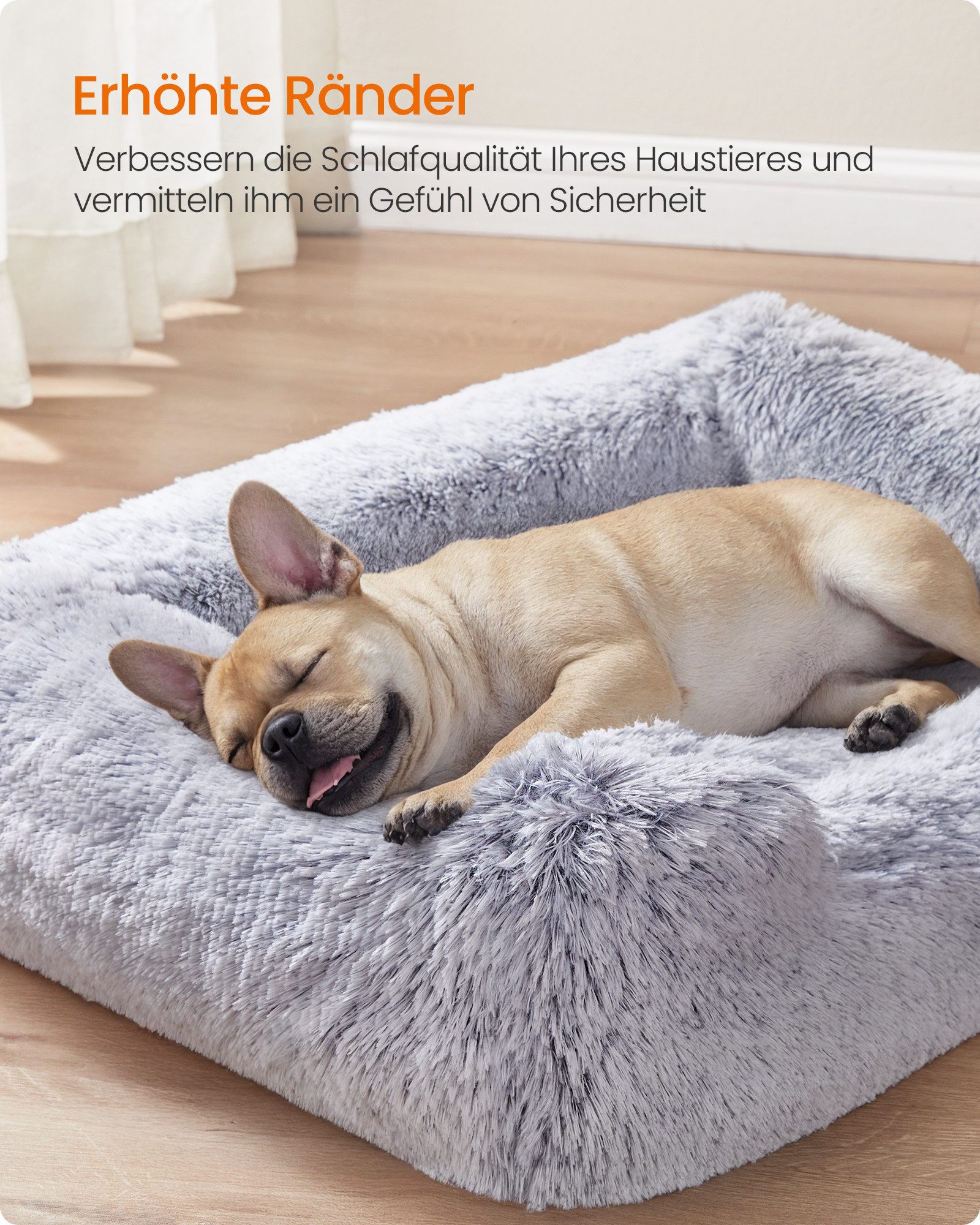 FEANDREA Tierbett Hundebett, Hundekissen, Hundekorb, Hundesofa, rutschfest, Ombré-Grau, weiche Polsterung, 71 x 55 x 18 cm, erhöhte Ränder, Bezug abnehmbar und maschinenwaschbar