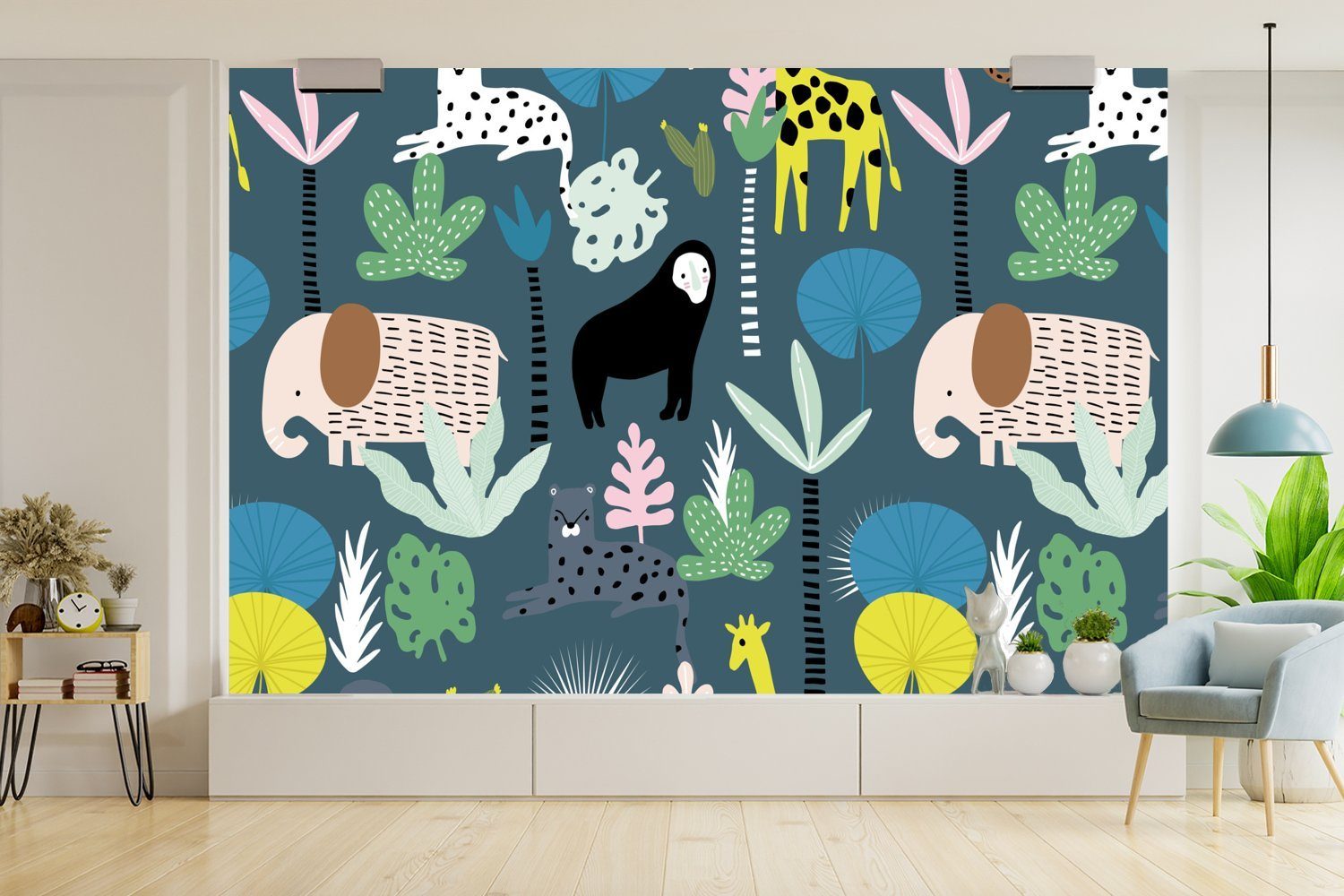 Matt, Vinyl Kinderzimmer, Tiere Dschungel - - Wohnzimmer, bedruckt, (6 MuchoWow für Blau, Schlafzimmer, - Wallpaper Tapete St), Fototapete Pflanzen