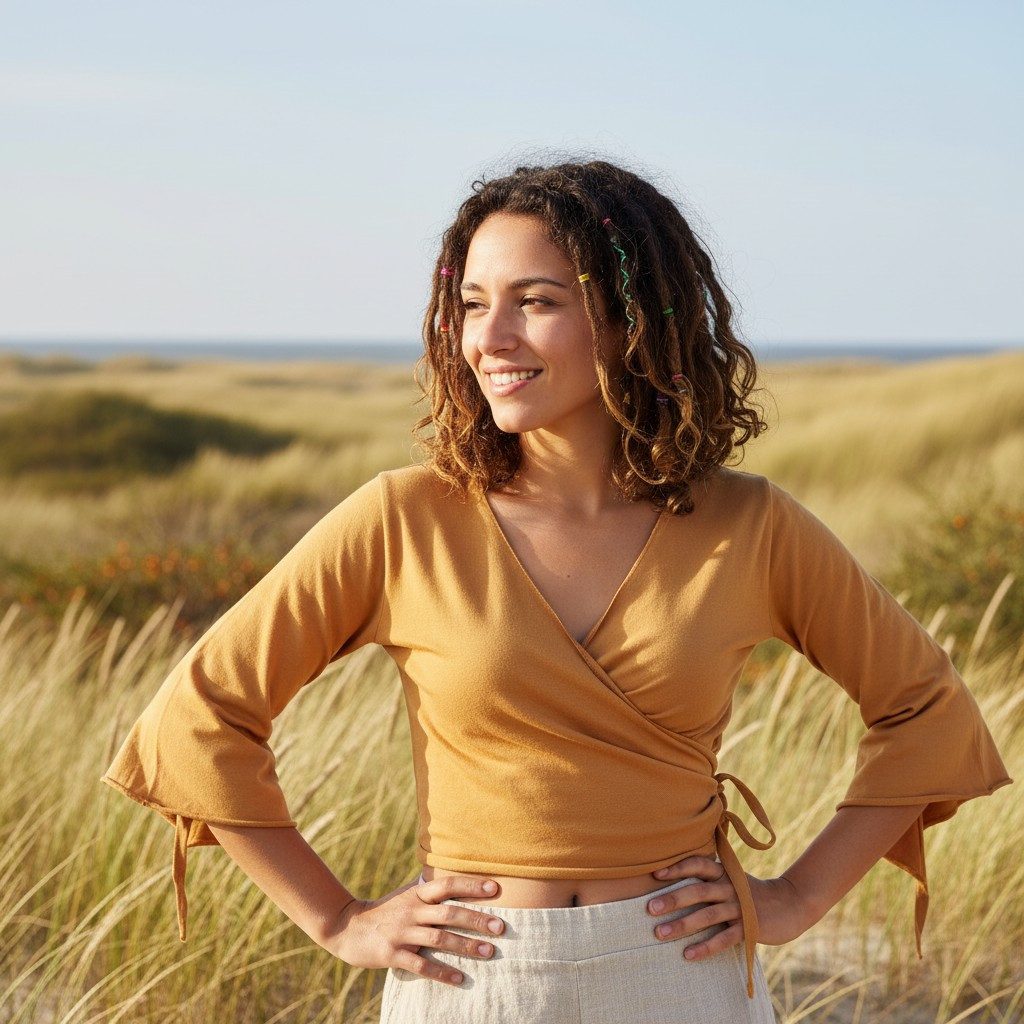 Guru-Shop T-Shirt Elfen Top, Top Goa-chic, Wickeltop - curry Ethno Style, a günstig online kaufen