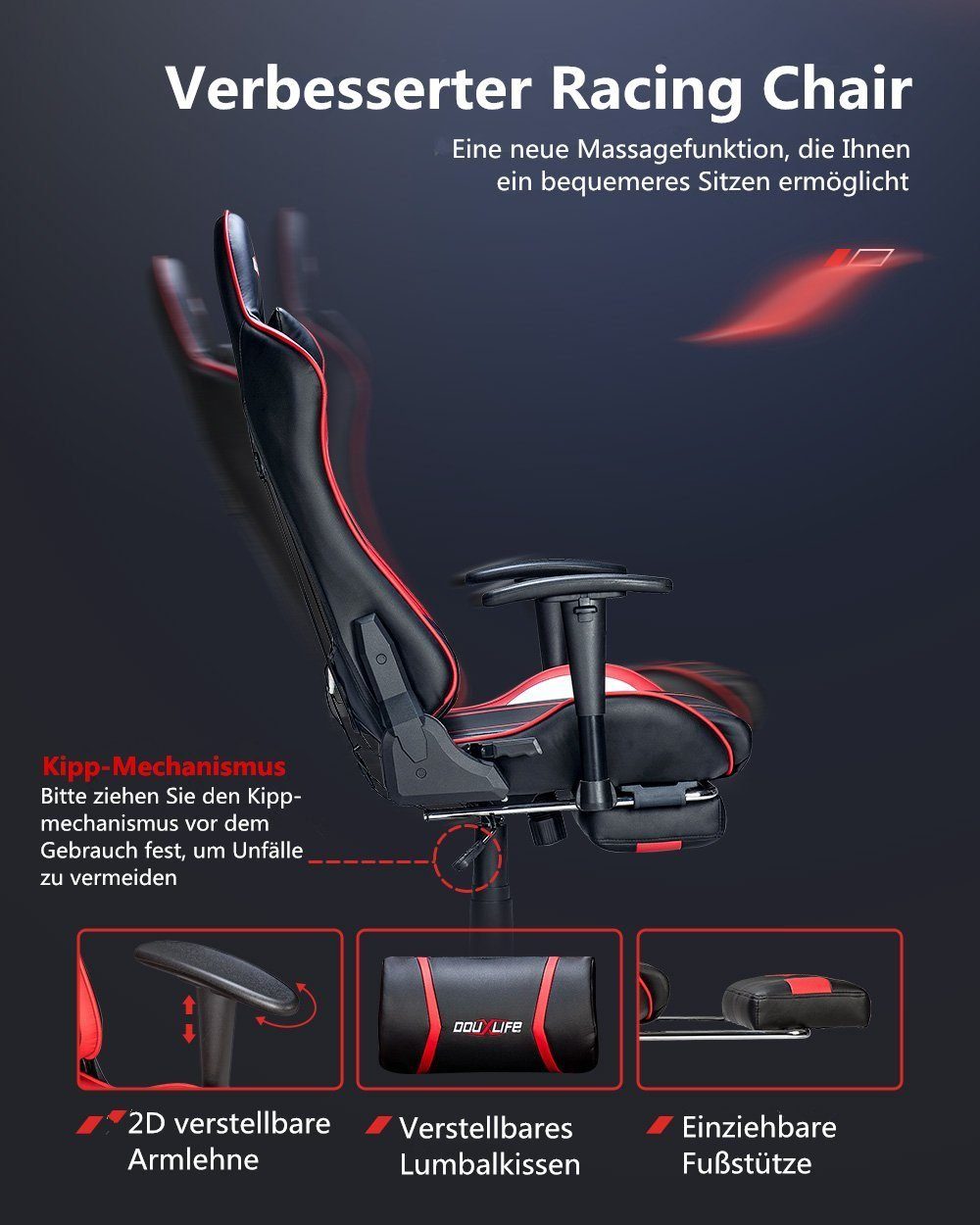 Gaming-Stuhl 4 Sessel Massagefunktion), (Ergonomischer Höhenverstellbar, Max150kg Gaming mit Massagemodi, Douxlife