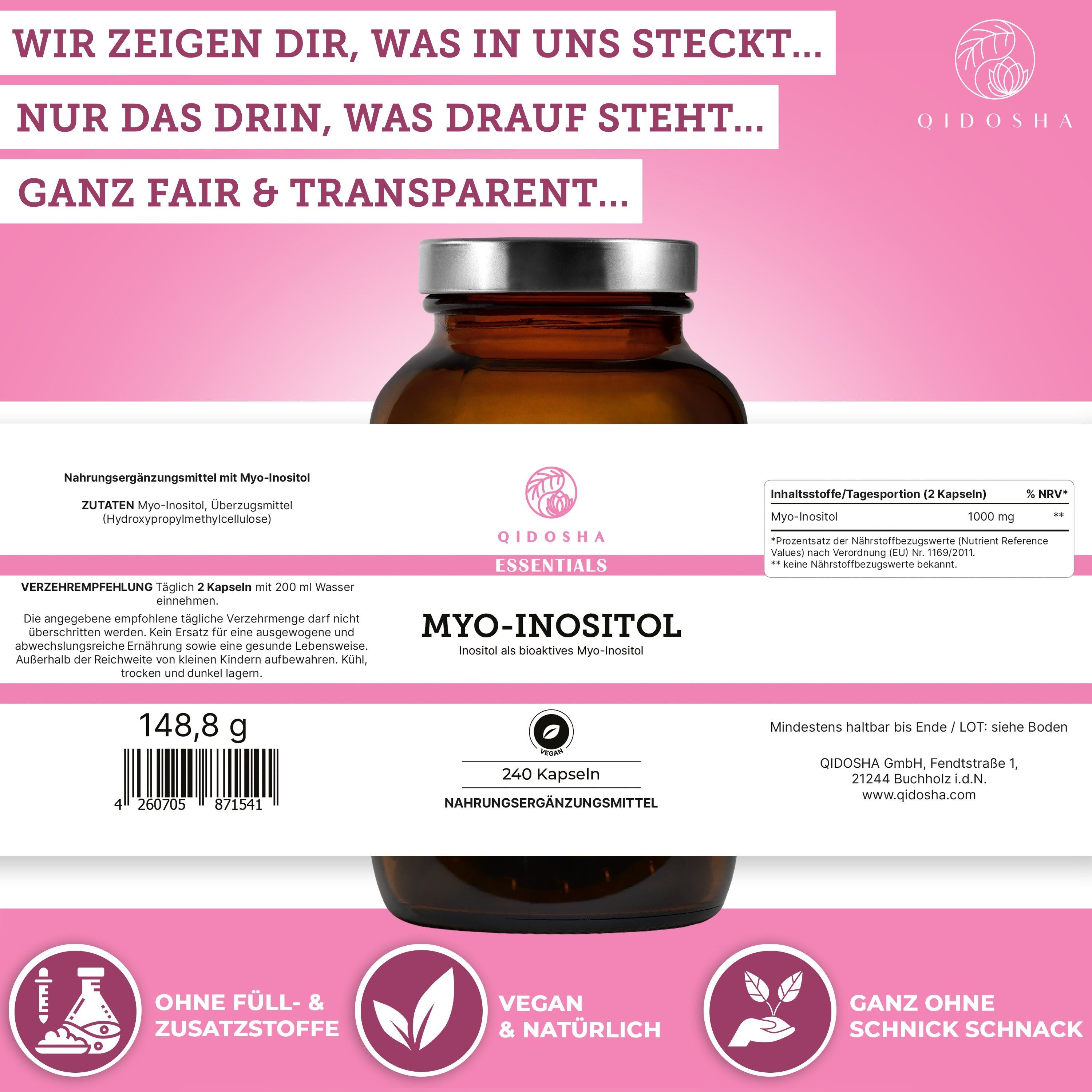 QIDOSHA Myo-Inositol Kapseln, 240 St., 148.8 g, TRUE CLEAN LABEL