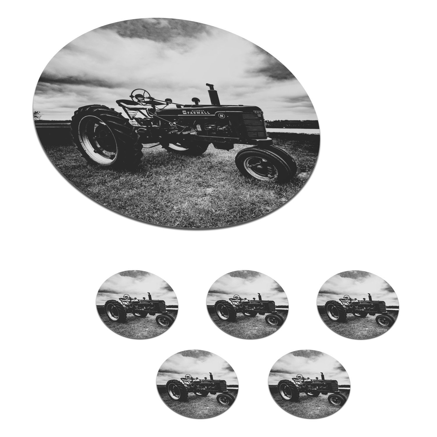 MuchoWow Glasuntersetzer Traktor - Vintage, Weiß Gläser, Zubehör Schwarz Tassenuntersetzer, Getränkeuntersetzer, 6-tlg., - - - Korkuntersetzer, für Tasse, Becher Bauernhof