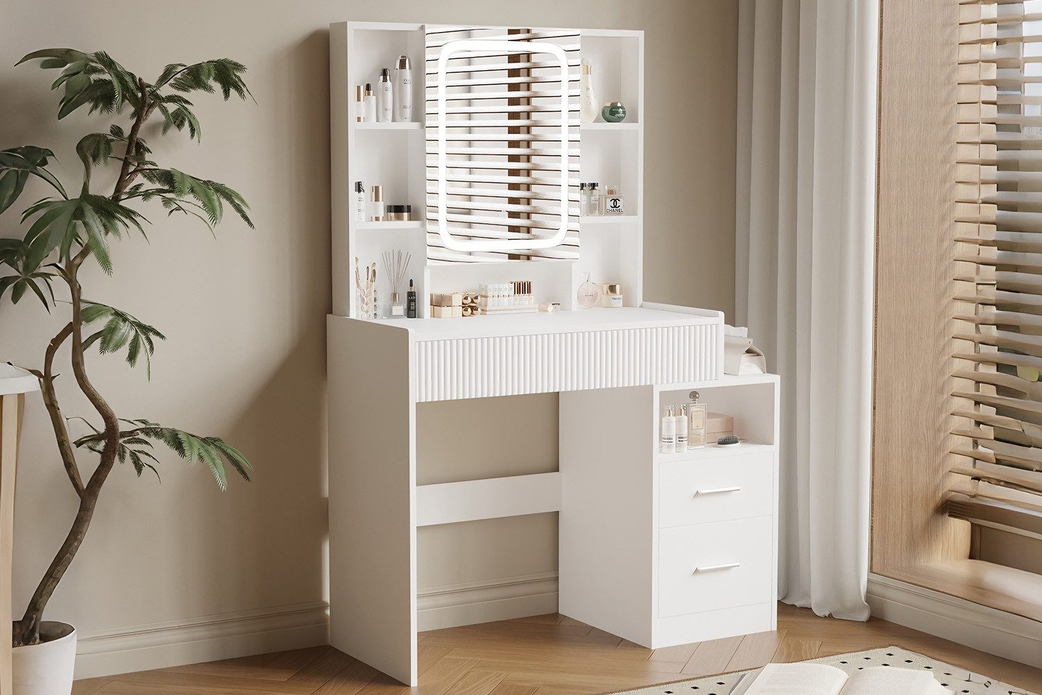 HOMAVO Schminktisch mit LED-Spiegel, 3 Schubladen & 8 offenen Fächern, 96,5x40x141 cm (FSC®, viel Stauraum, pflegeleicht), Kosmetiktisch mit Schubladen, offenen Fächern