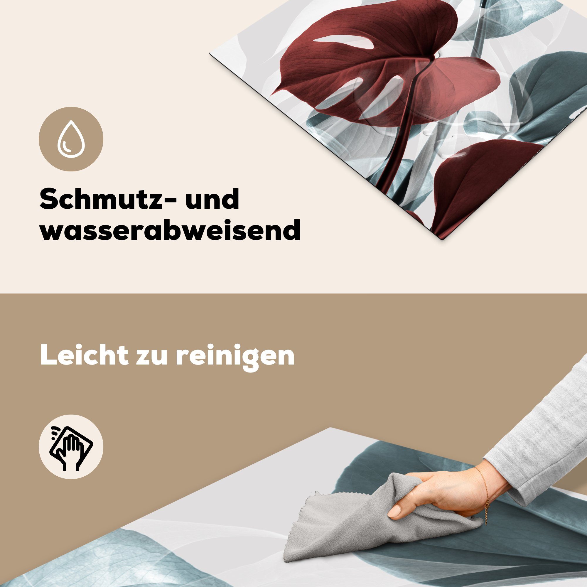 Stilleben, nutzbar, - Ceranfeldabdeckung (1 - Monstera tlg), - cm, Rot 60x52 Pastell Vinyl, Mobile Herdblende-/Abdeckplatte MuchoWow Arbeitsfläche