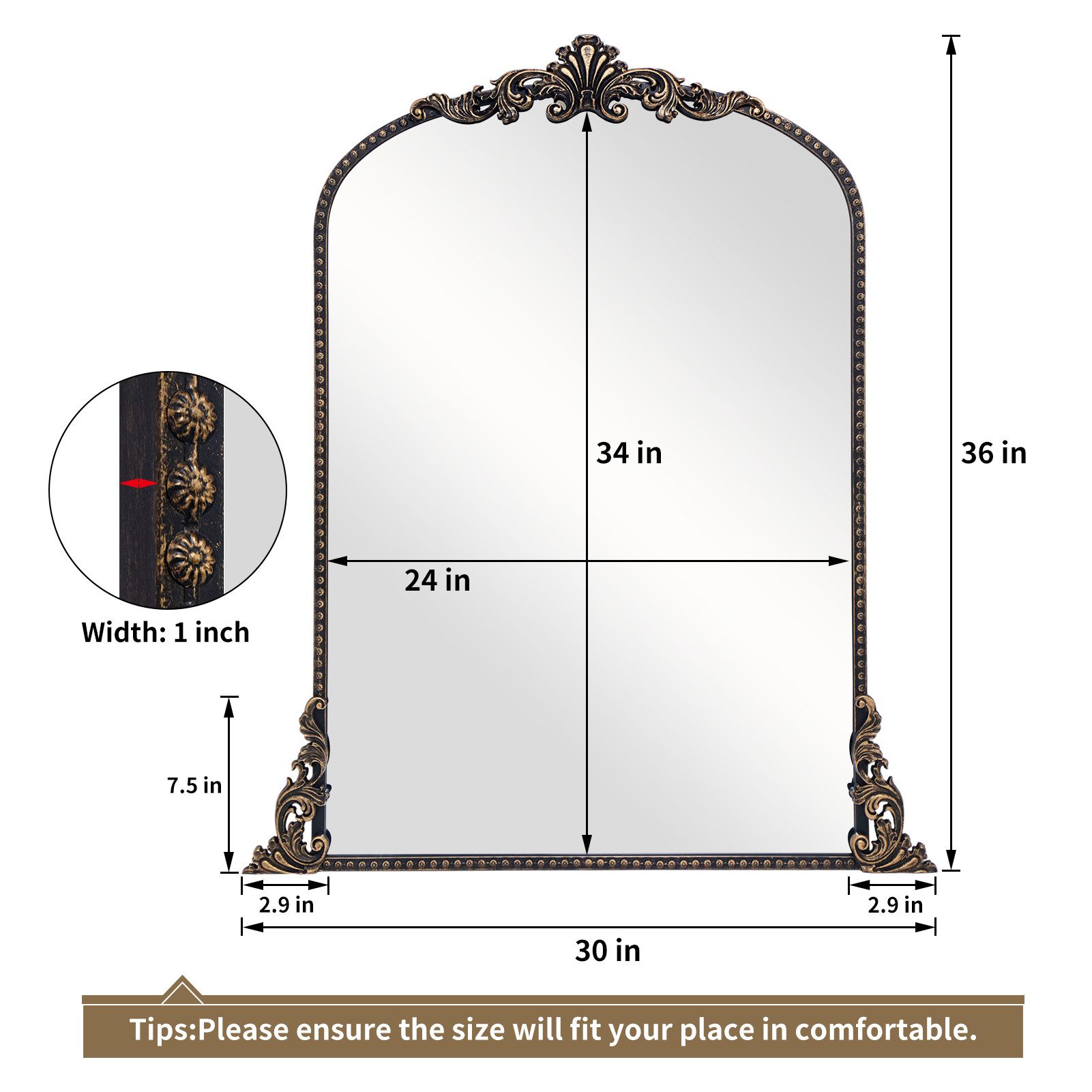 G-LEAF Wandspiegel Bogen-Wandspiegel, antiker Spiegel im Barockstil (1-St), ideal für Kamin, Badezimmer, Eingangsbereich, 90×60cm