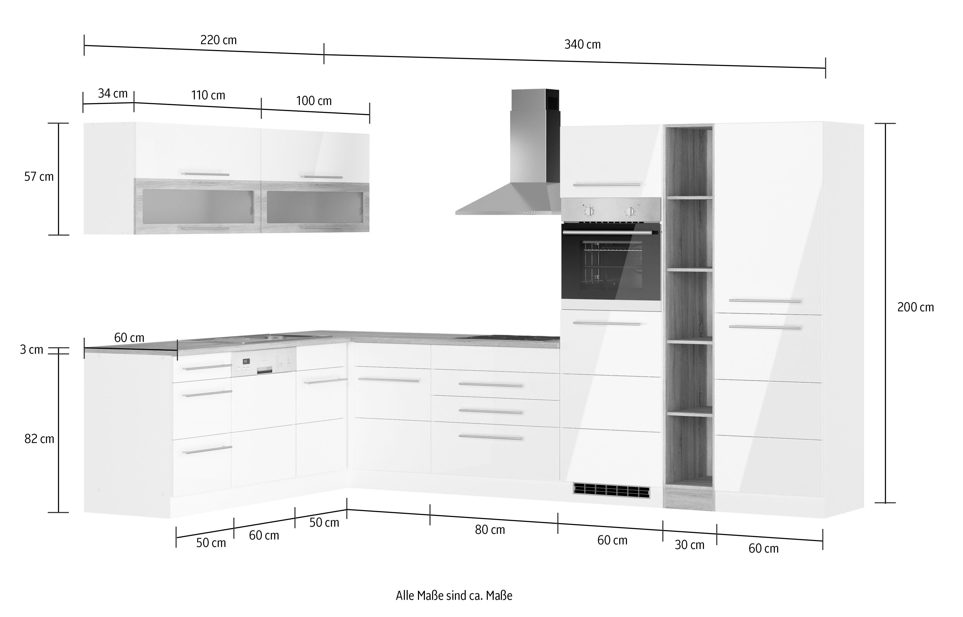 KOCHSTATION Winkelküche KS-Wien, Stellbreite 220 x 340 cm, wahlweise mit E-Geräten