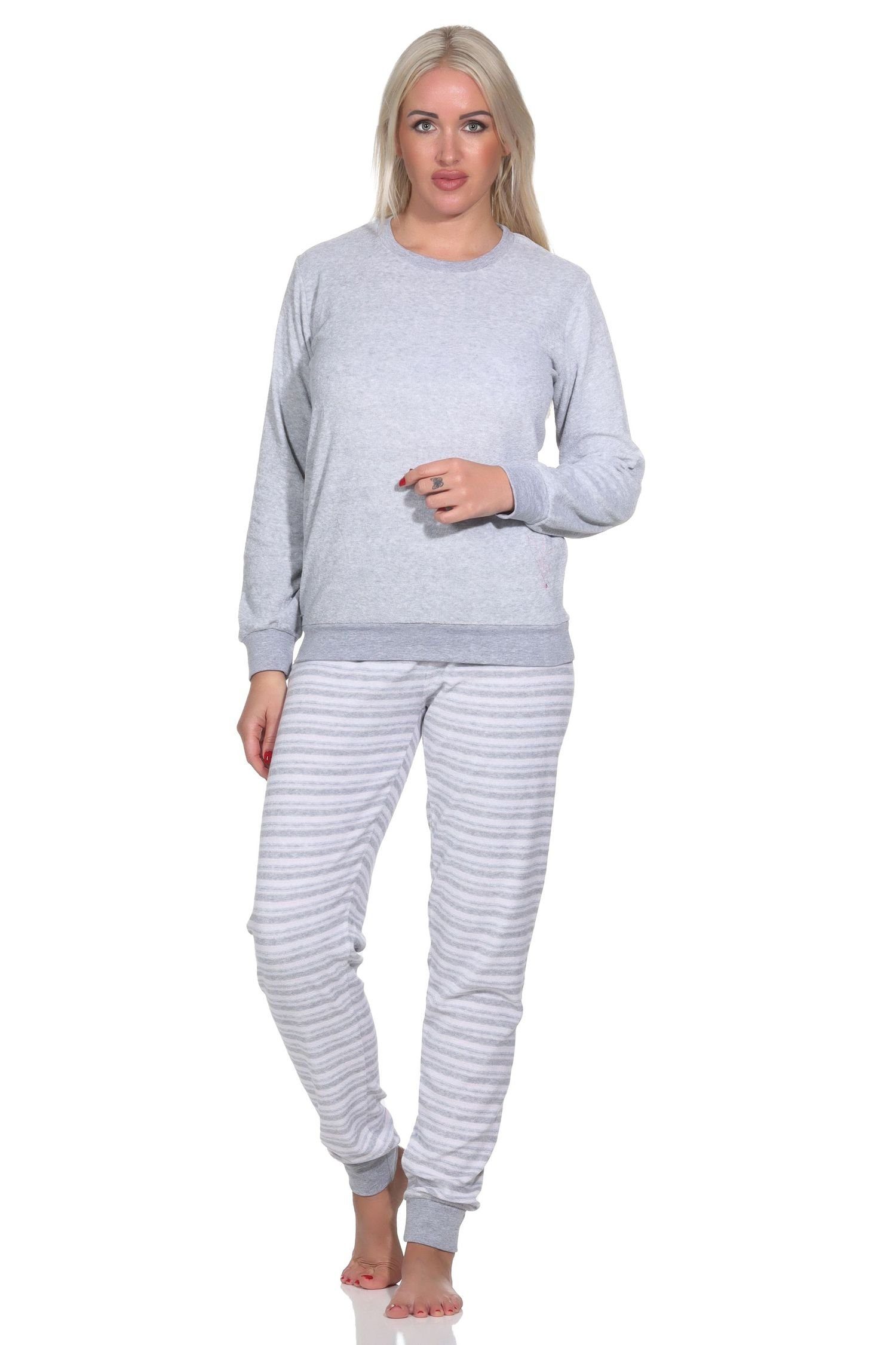 Pyjama Damen Frottee Schlafanzug lang mit Bündchen und floraler Applikation