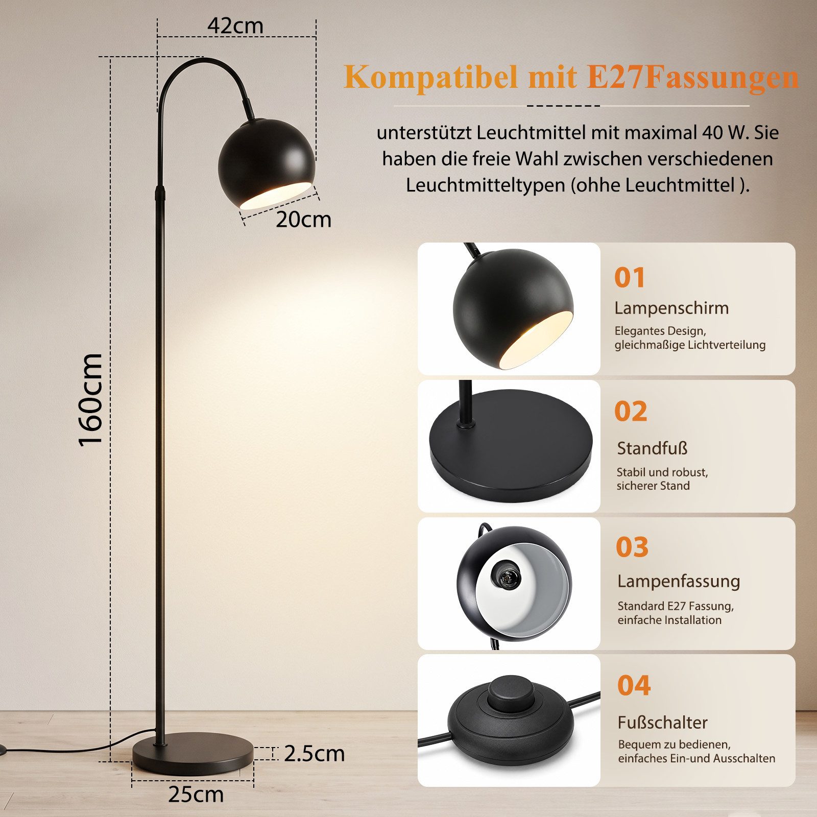 Nettlife Stehlampe Bogenlampe Wohnzimmer Schwarz/Antik Bronze Retro Metallschirm E27 40W, ohne Leuchtmittel, 160 cm ideal als Leseleuchte für Wohnzimmer – Bild 3 von 5
