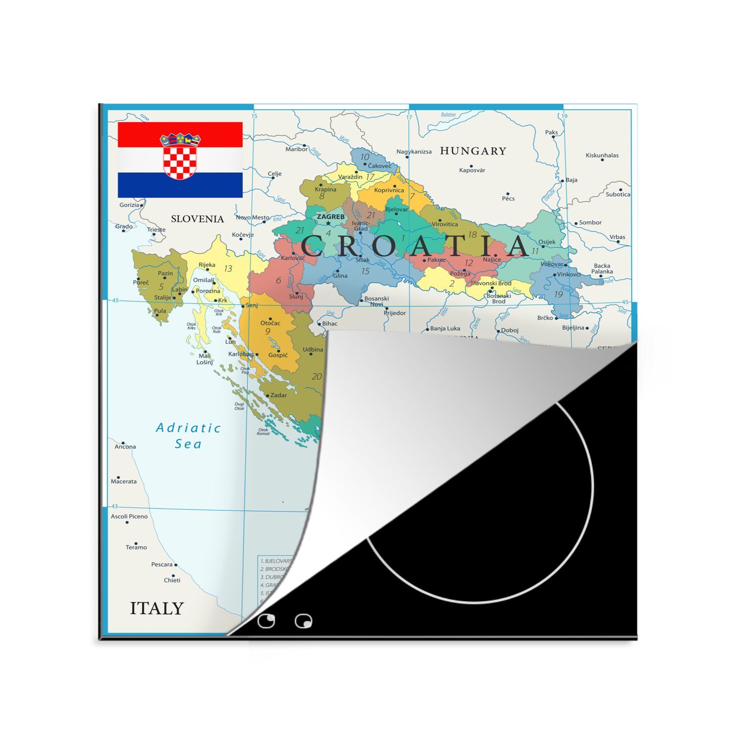 MuchoWow Herdblende-/Abdeckplatte Detaillierte Karte von Kroatien mit den Nachbarländern, Vinyl, (1 tlg), 78x78 cm, Ceranfeldabdeckung, Arbeitsplatte für küche