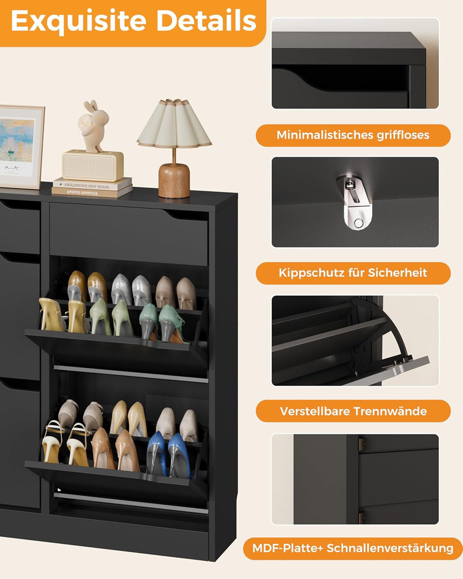 Luckice Garderobenschrank Schuhschrank, Schuhkipper, verstellbare Trennwände, Schmal​ (Set, 1-St., Flur & Eingang, modernes Design mit verstellbaren Regalen) 4 aufklappbare Schubladen, verstellbare Regale, Anti-Kippschutz
